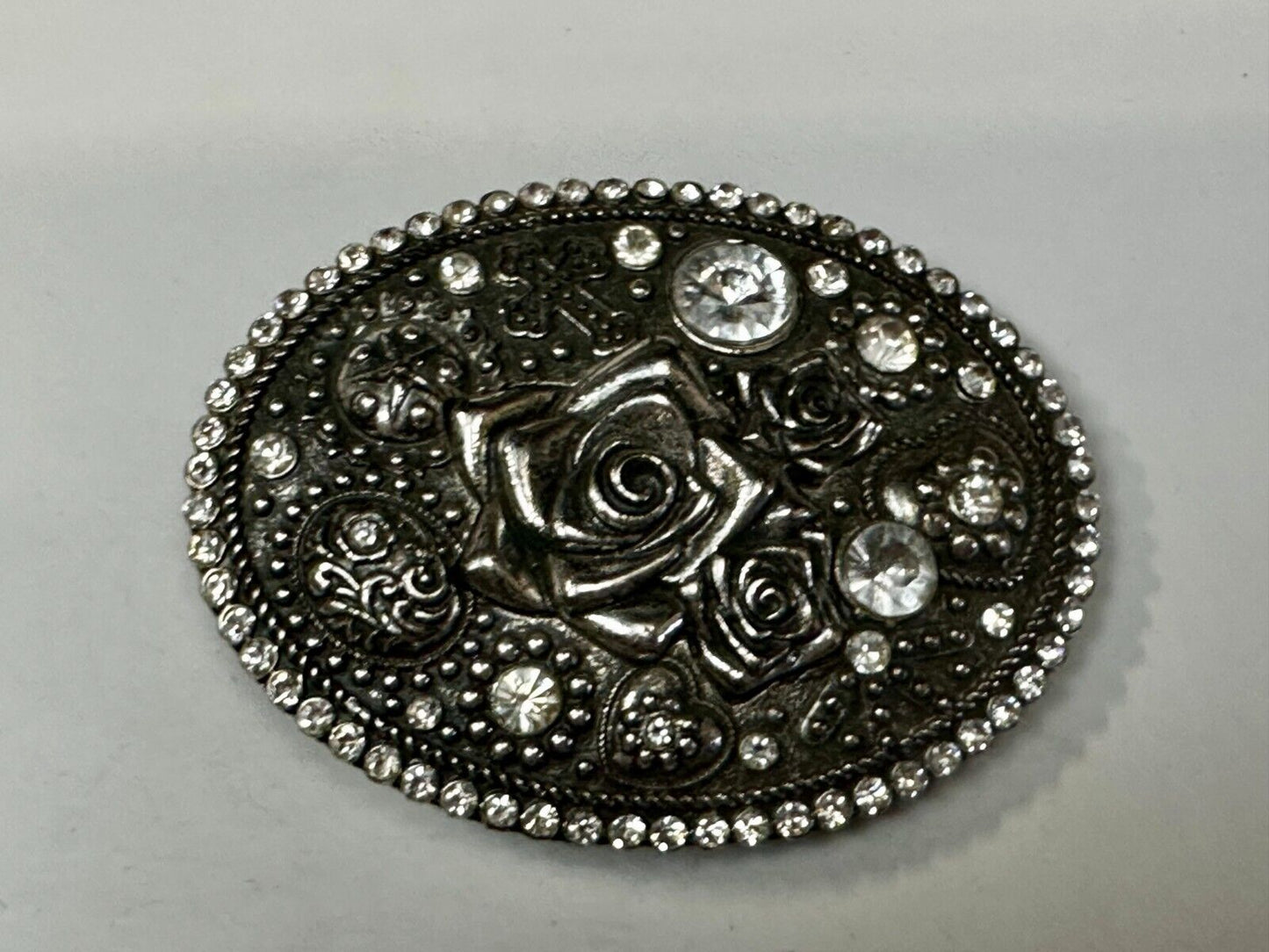 Unique Rose Flower With Rhinestone Accents And Boarder Beautiful Belt Buckle
