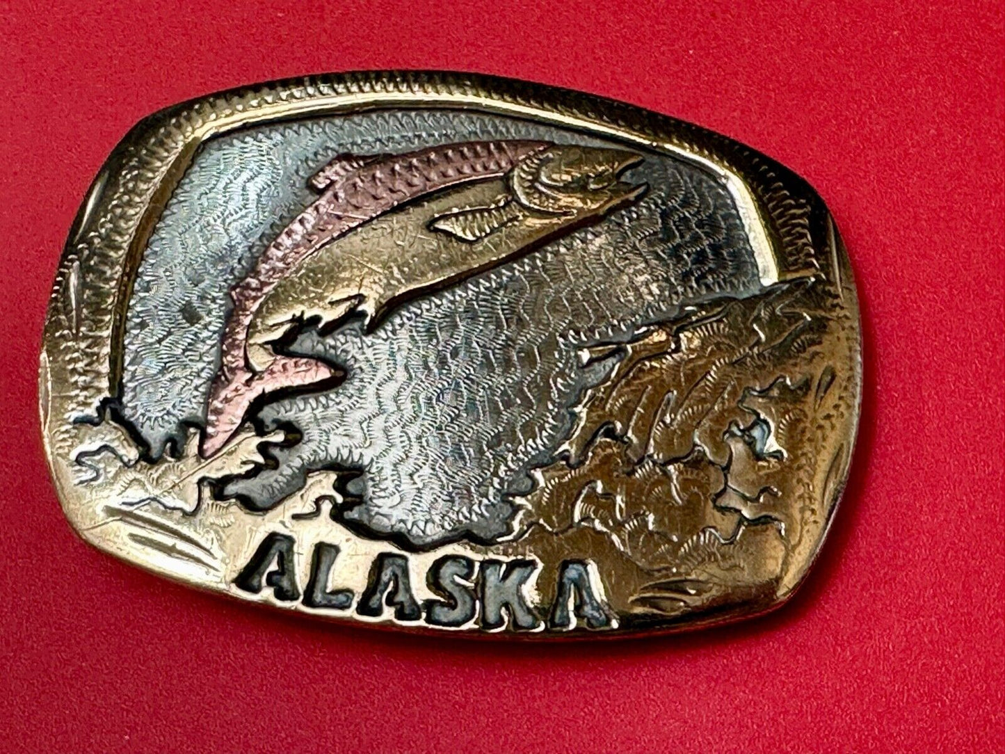 Vintage  Alaska Fish Trout western two tone belt buckle Handcrafted in the USA
