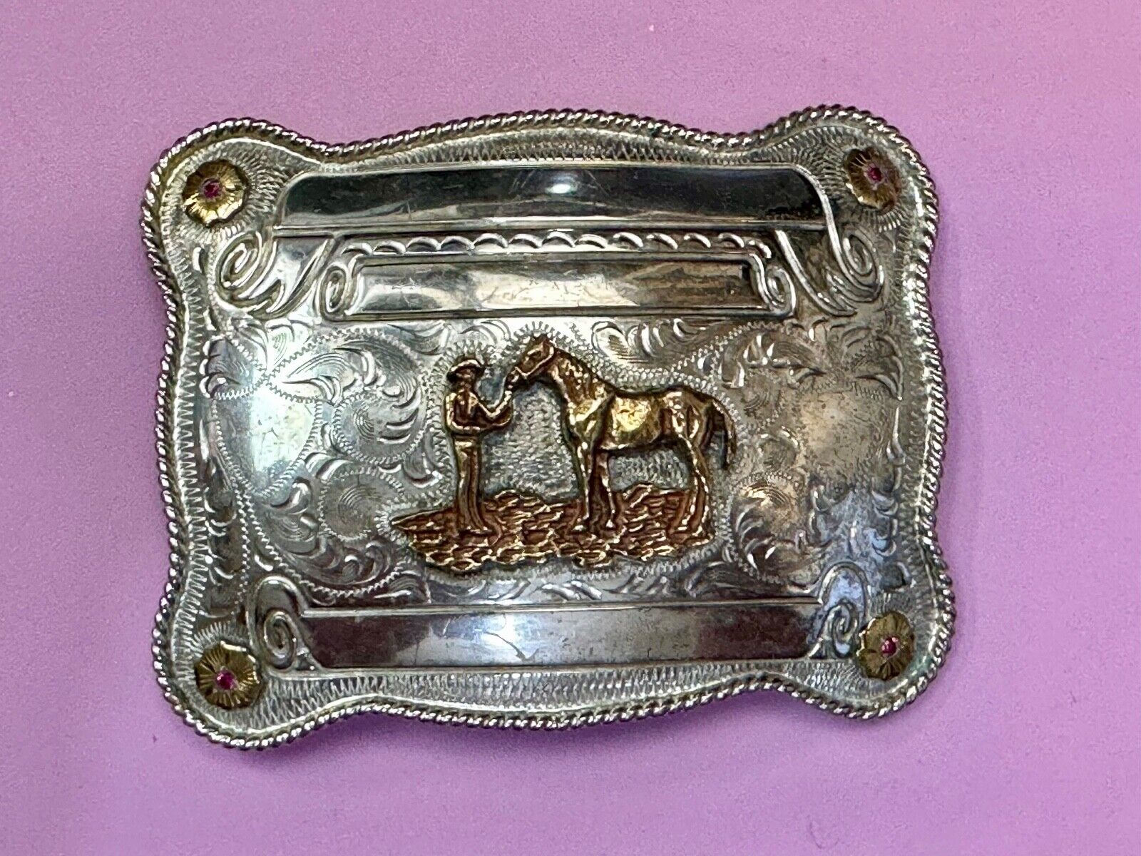 A man with his horse two tone, red ruby Belt Buckle - blank award scrolls