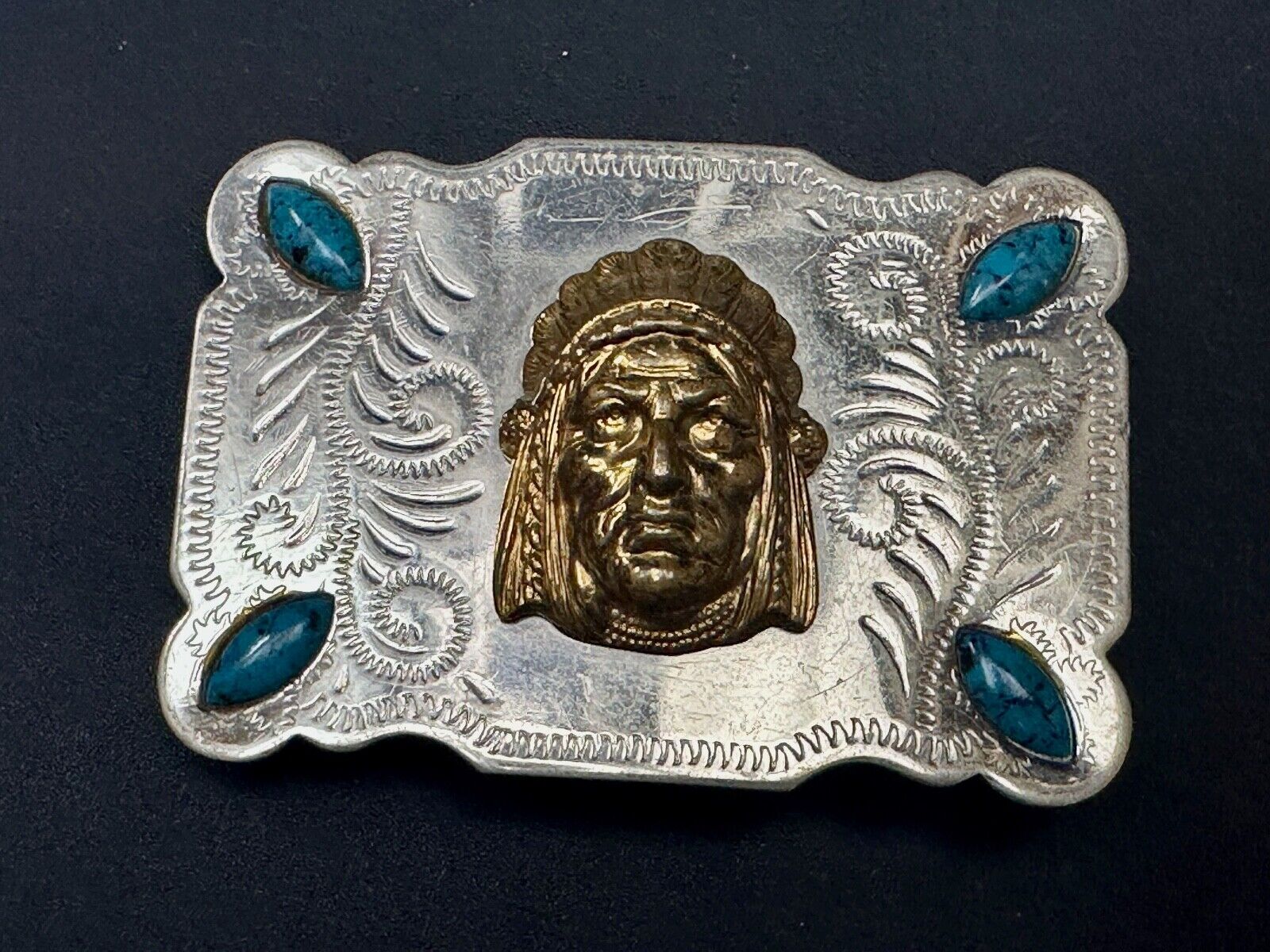3D Native American Indian Chief & Turquoise stones Nickel Silver Vtg Belt Buckle
