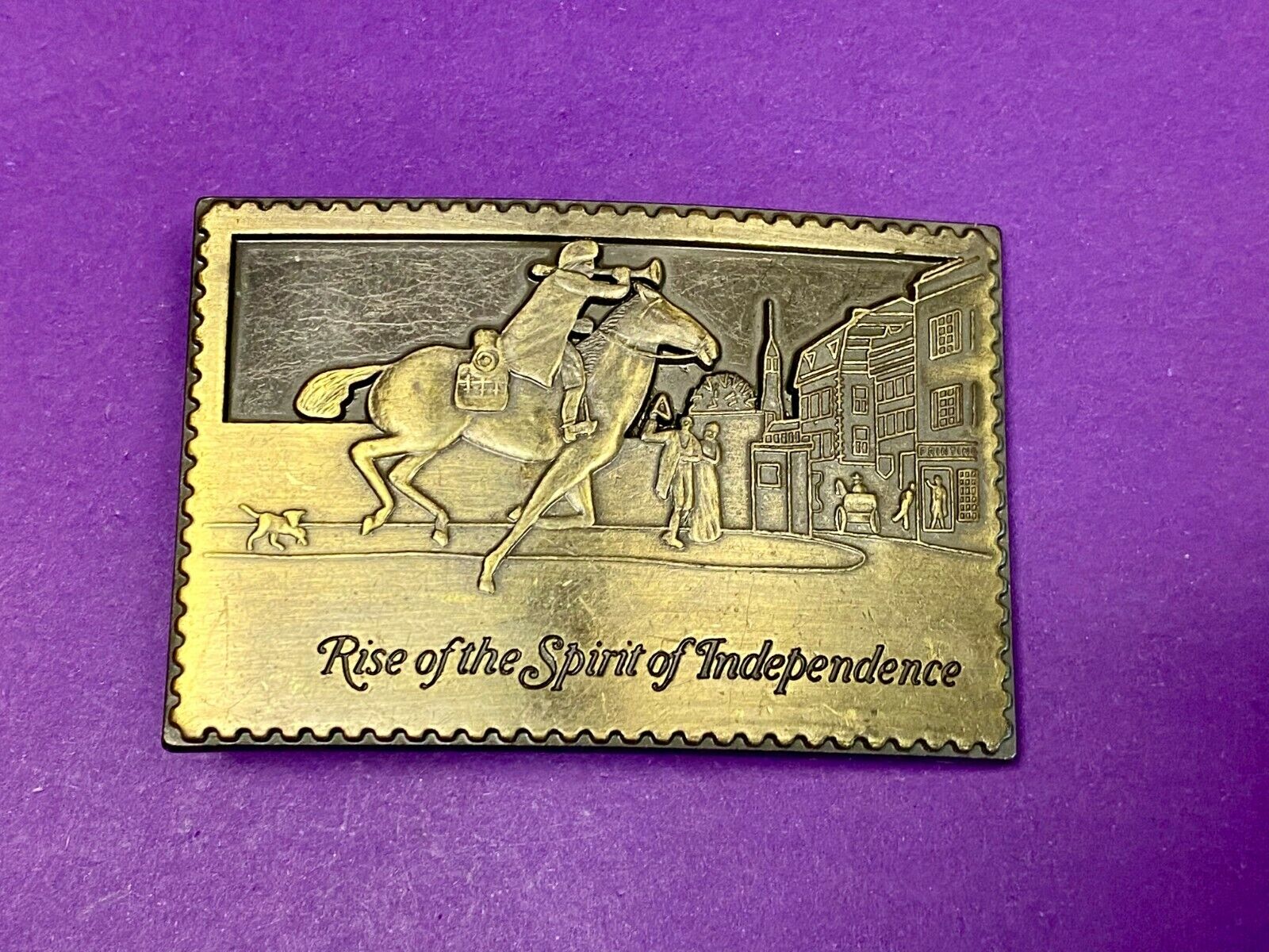 Vintage Cut Out Stamp Rise Of The Spirit Of Independence Horse Rider Belt Buckle