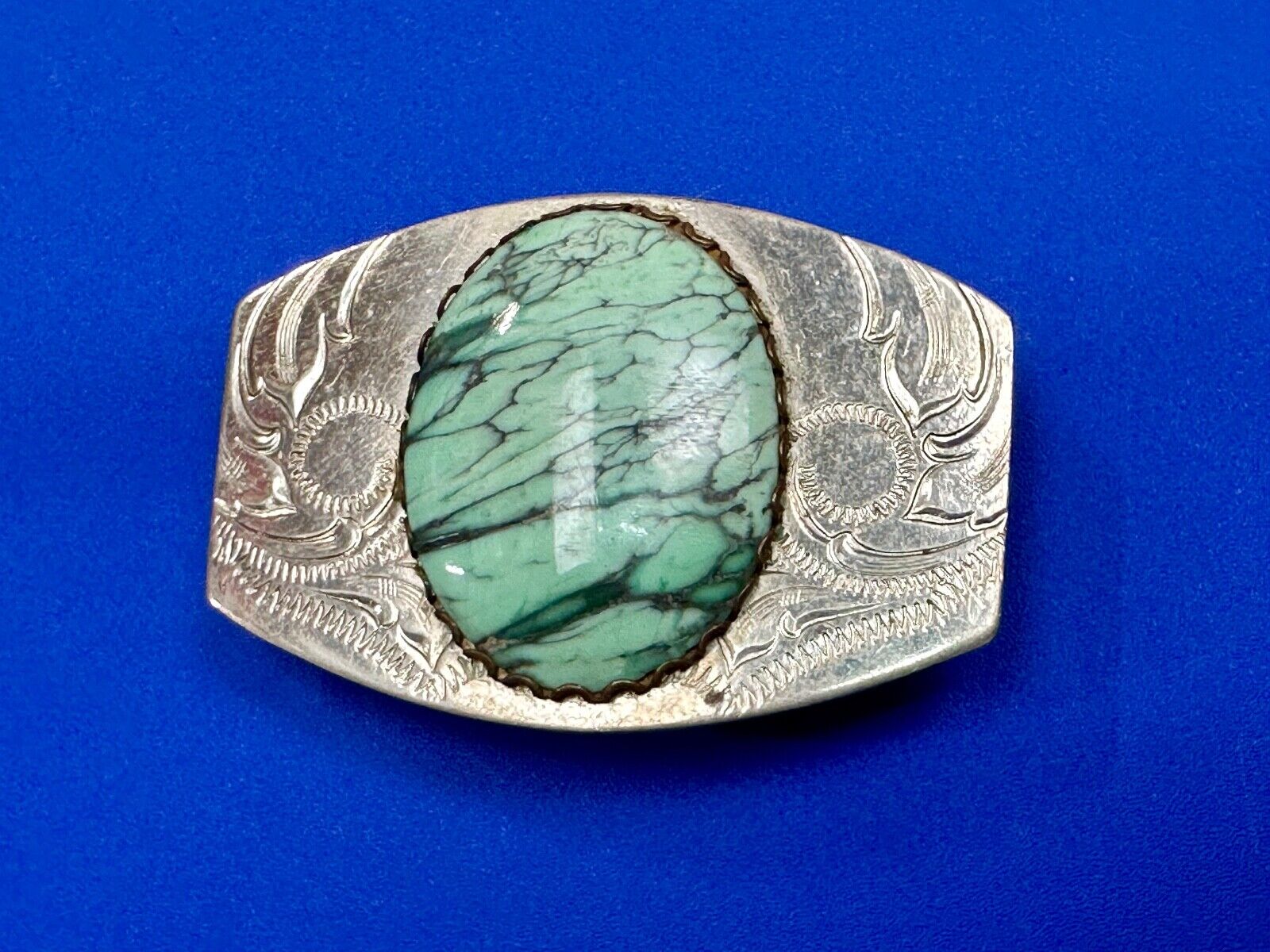 Variscite? Green  Gem Stone Cabochon Centerpiece on Nickel Silver Belt Buckle