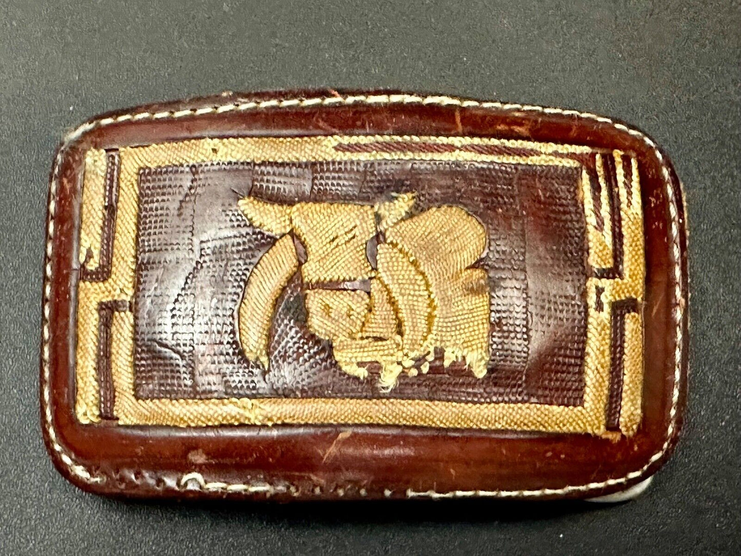 Unique Calf? Cow? Goat? Vintage brown leather stitched Belt Buckle