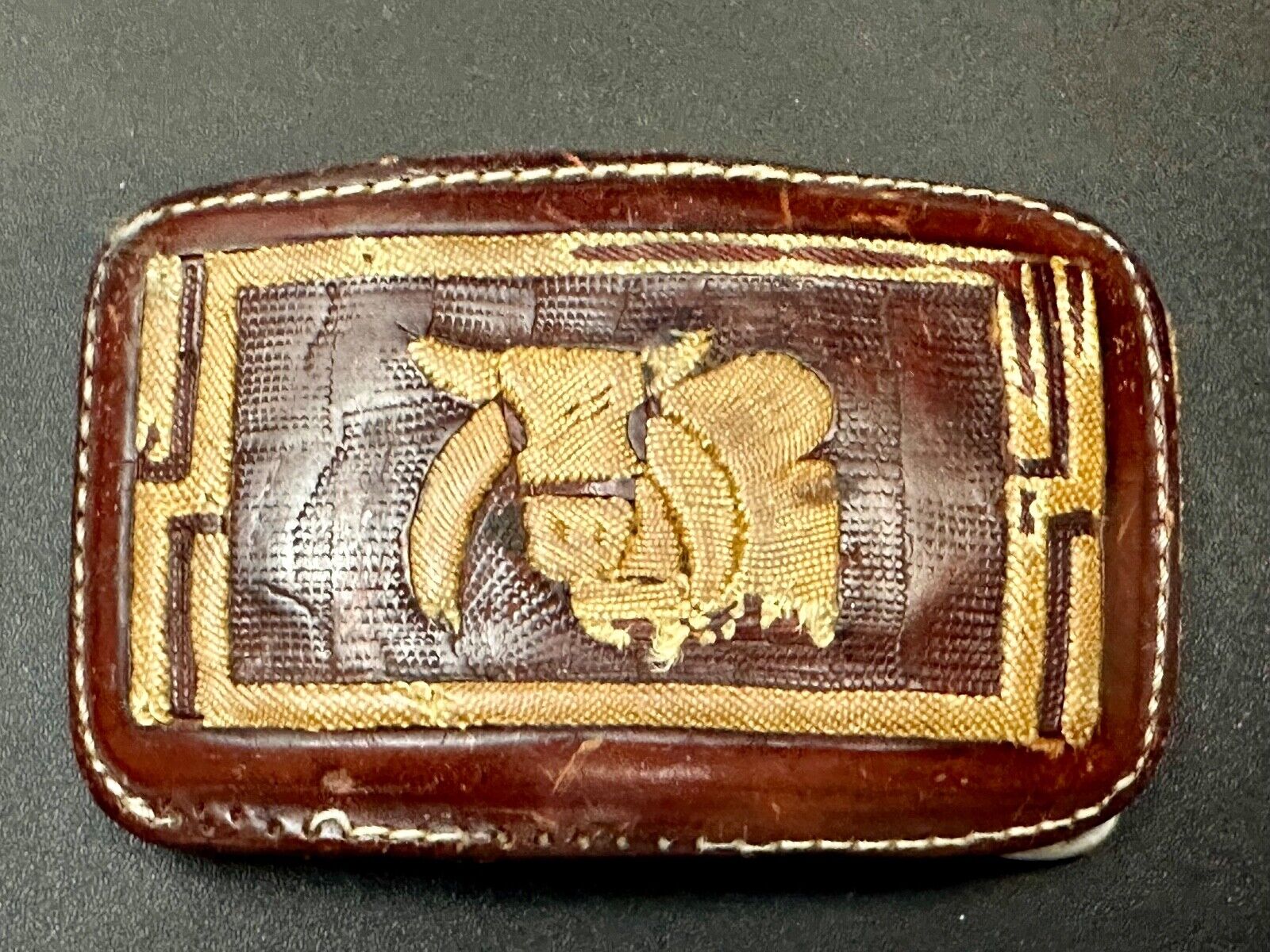 Unique Calf? Cow? Goat? Vintage brown leather stitched Belt Buckle