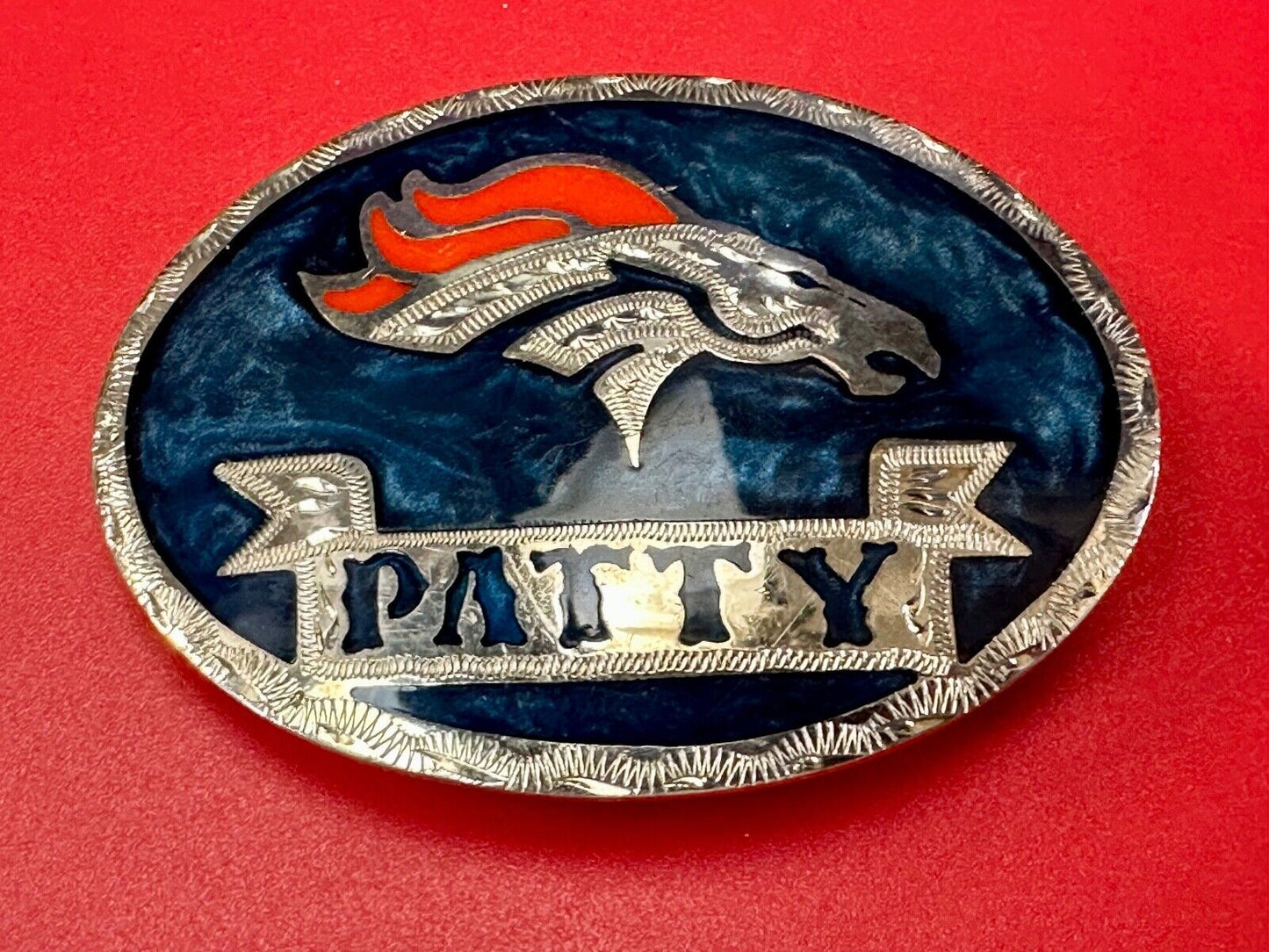 Artisan Custom Name PATTY ribbon - enamel inlaid Mustang race horse belt buckle
