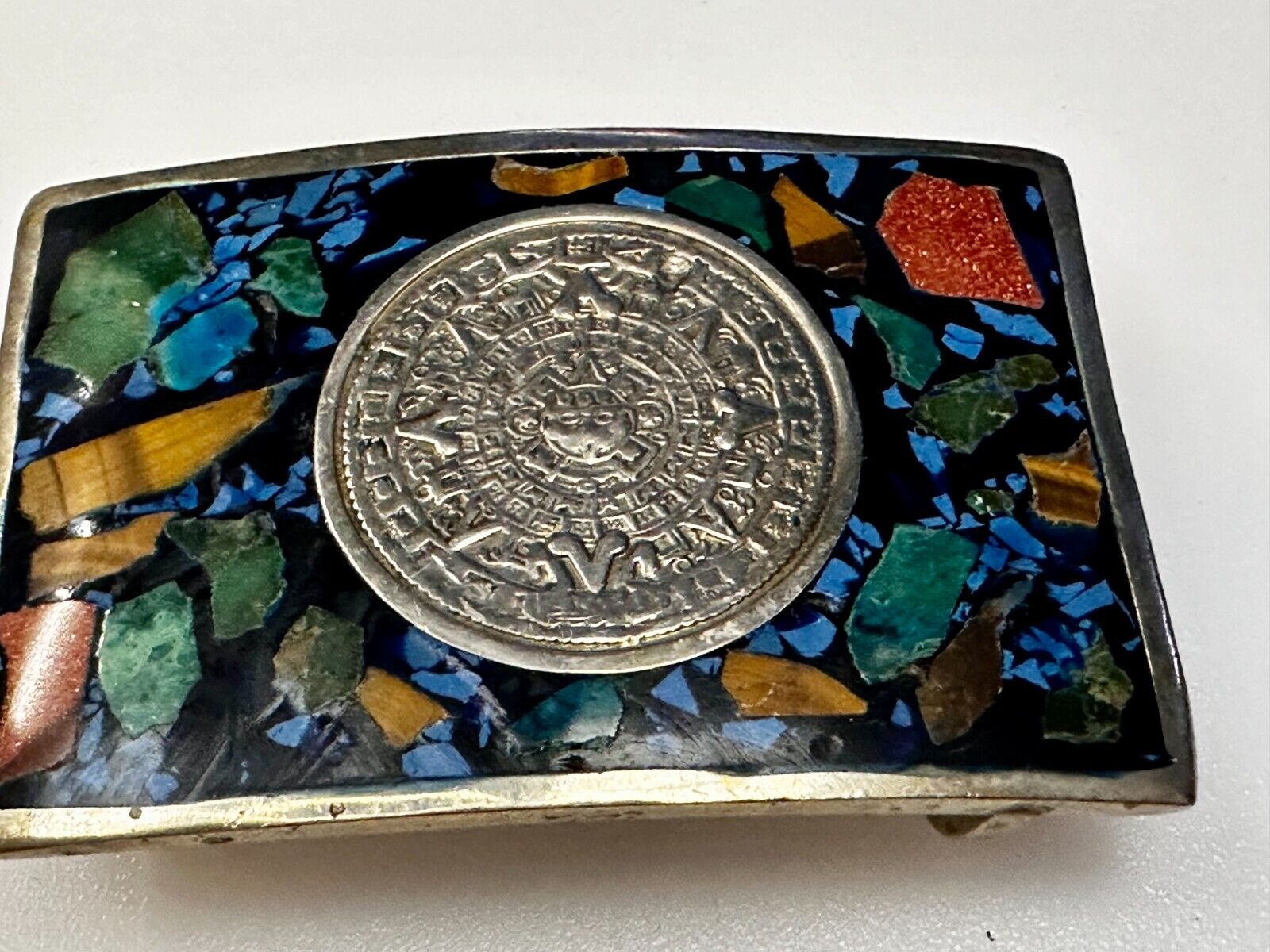 Aztec Mayan Calendar  Sun God Face Turquoise Multi Stone Chip Inlay Belt Buckle