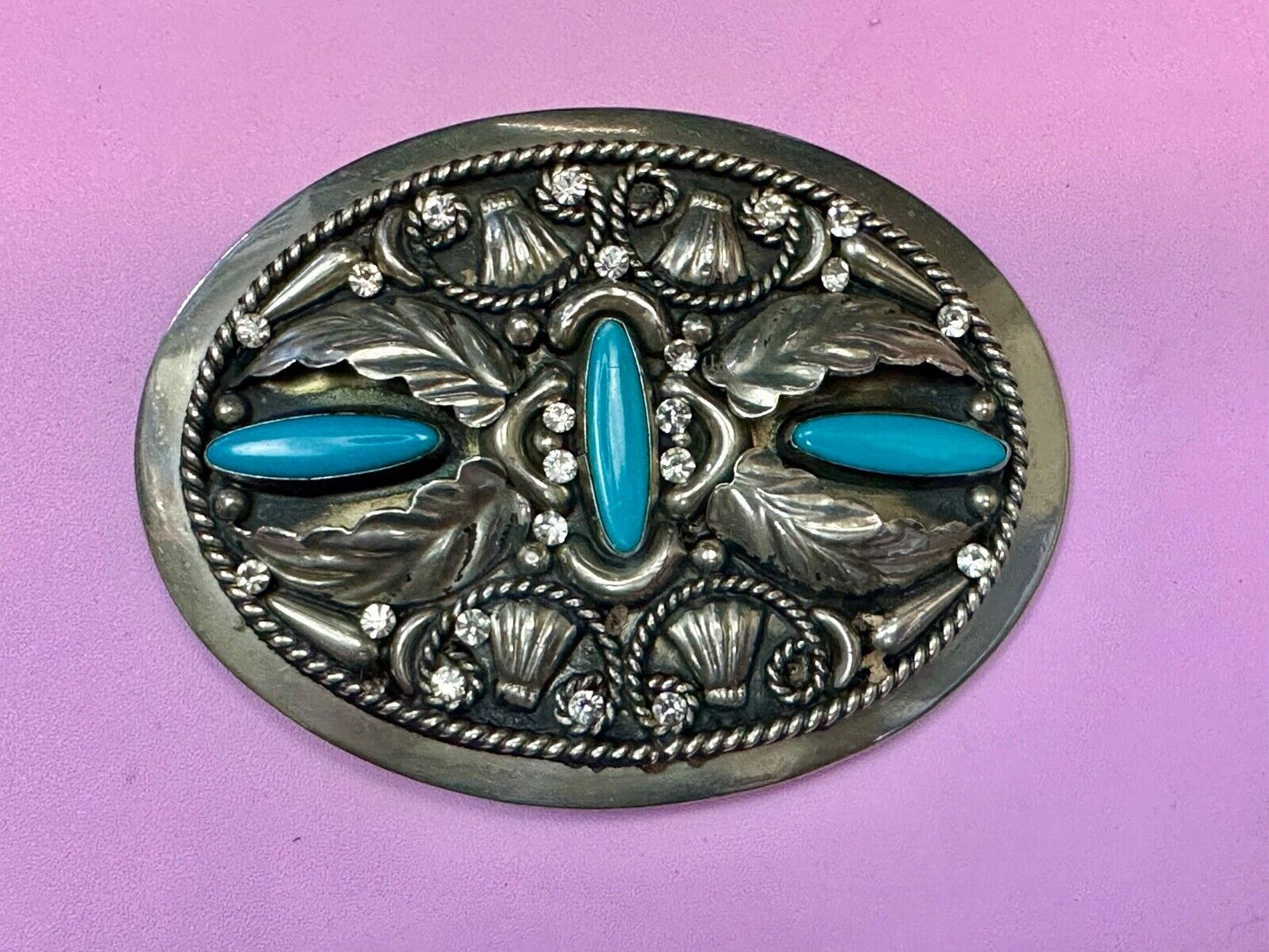 Vintage Faux Turquoise and Feather's Beautiful Alpaca Mexico Stamped Belt Buckle