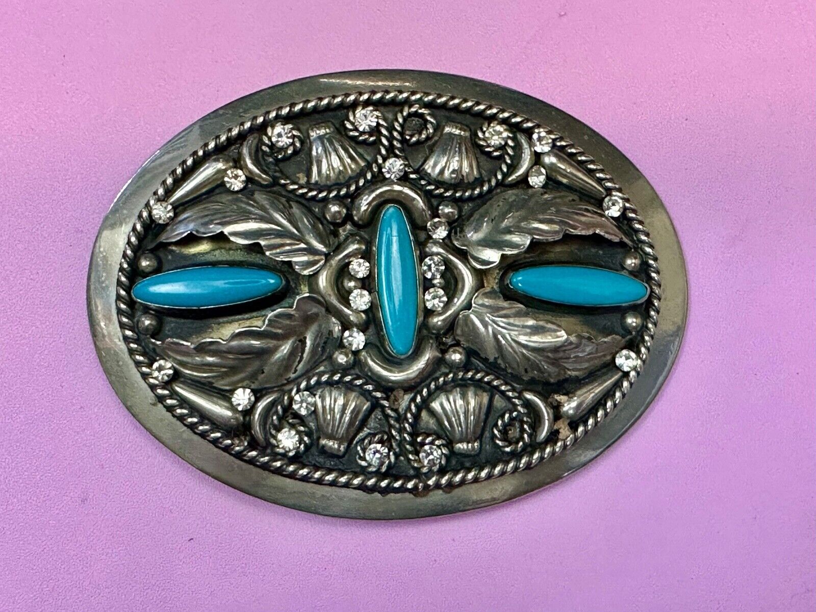 Vintage Faux Turquoise and Feather's Beautiful Alpaca Mexico Stamped Belt Buckle