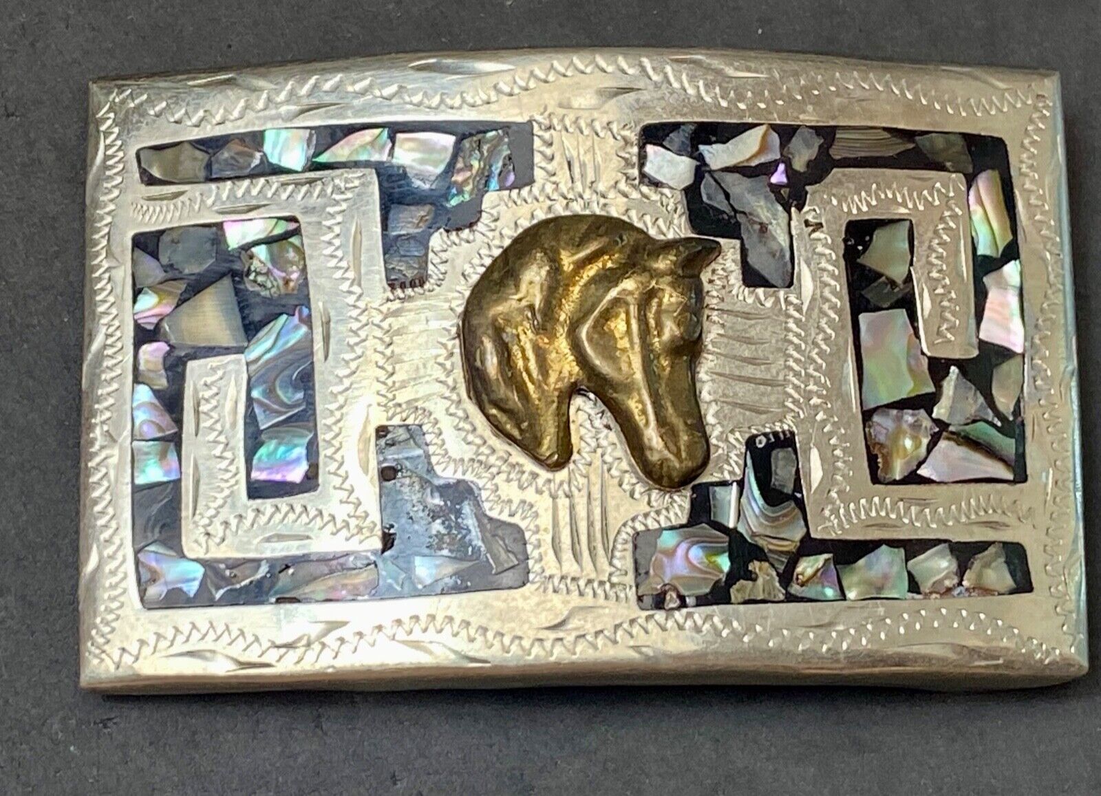 Vintage horse head on abalone shell inlay artist stamped western belt buckle