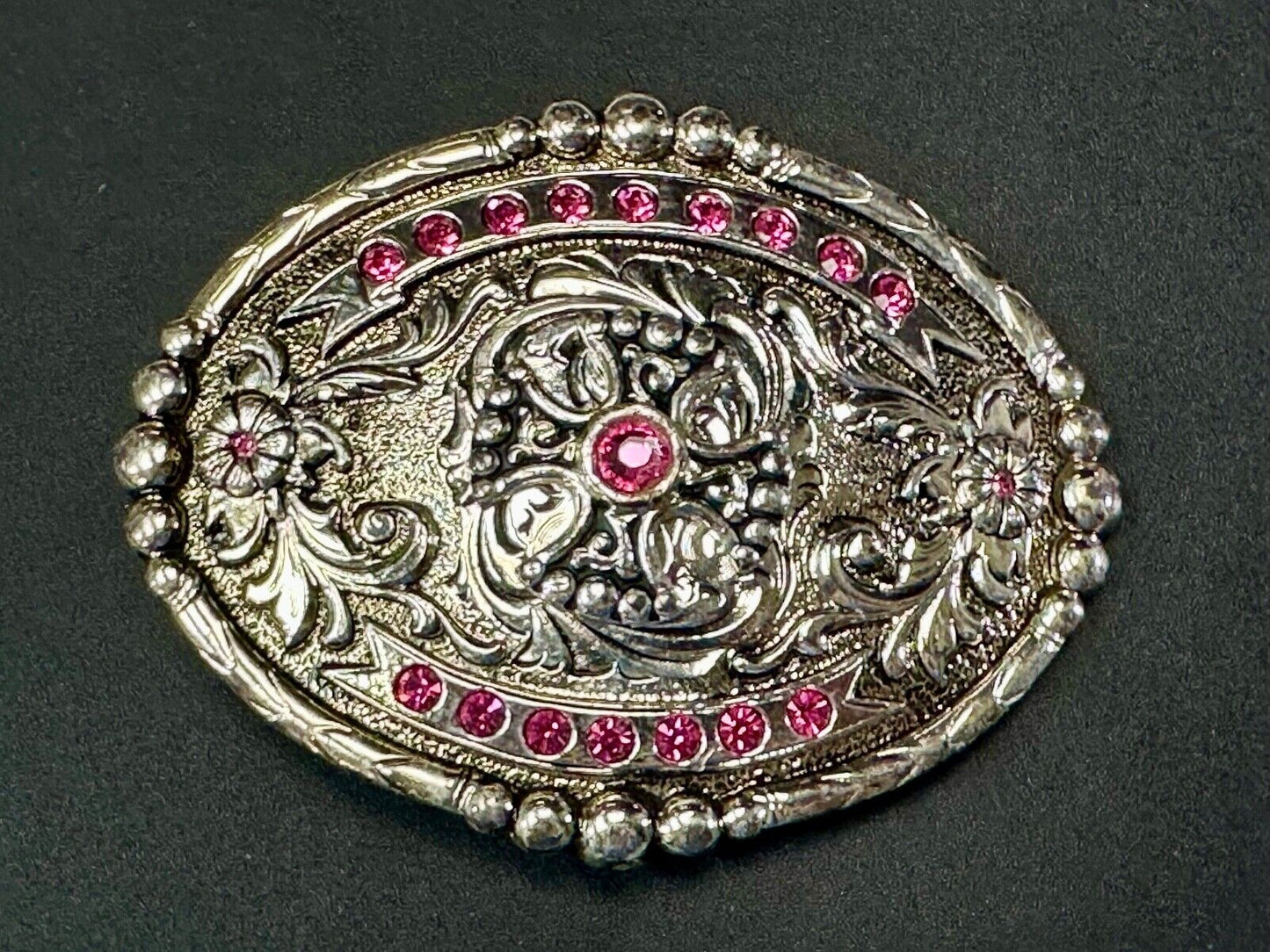 Authentic Silver plated pewter belt buckle with cowgirls girly pink rhinestones!