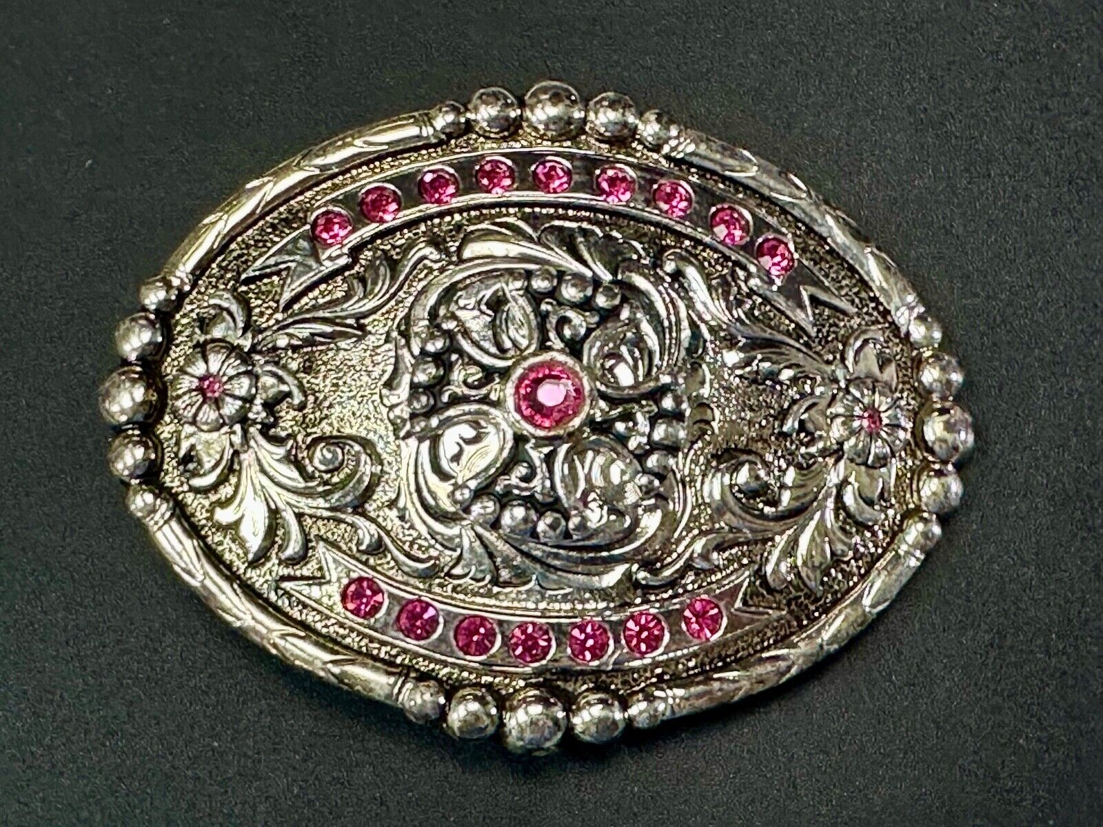 Authentic Silver plated pewter belt buckle with cowgirls girly pink rhinestones!
