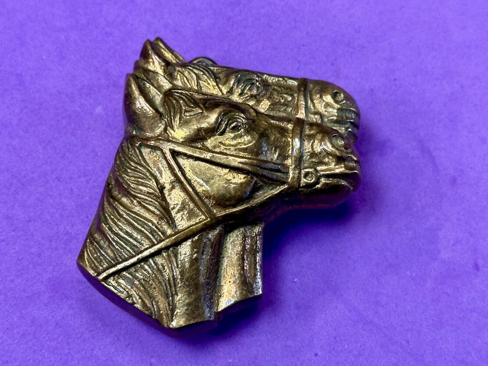 Two Horse Heads vintage solid brass cut out belt buckle - Taiwan Amazing Detail!