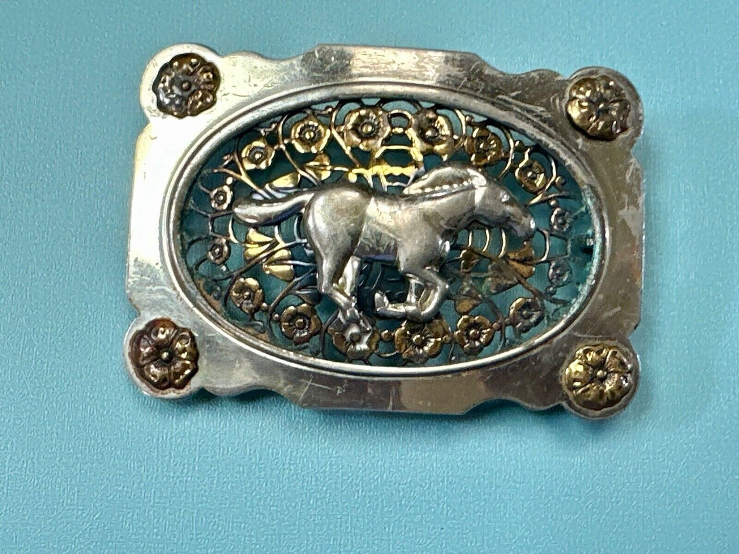 Unique Running Horse in ornate cutout see through vintage two tone belt buckle