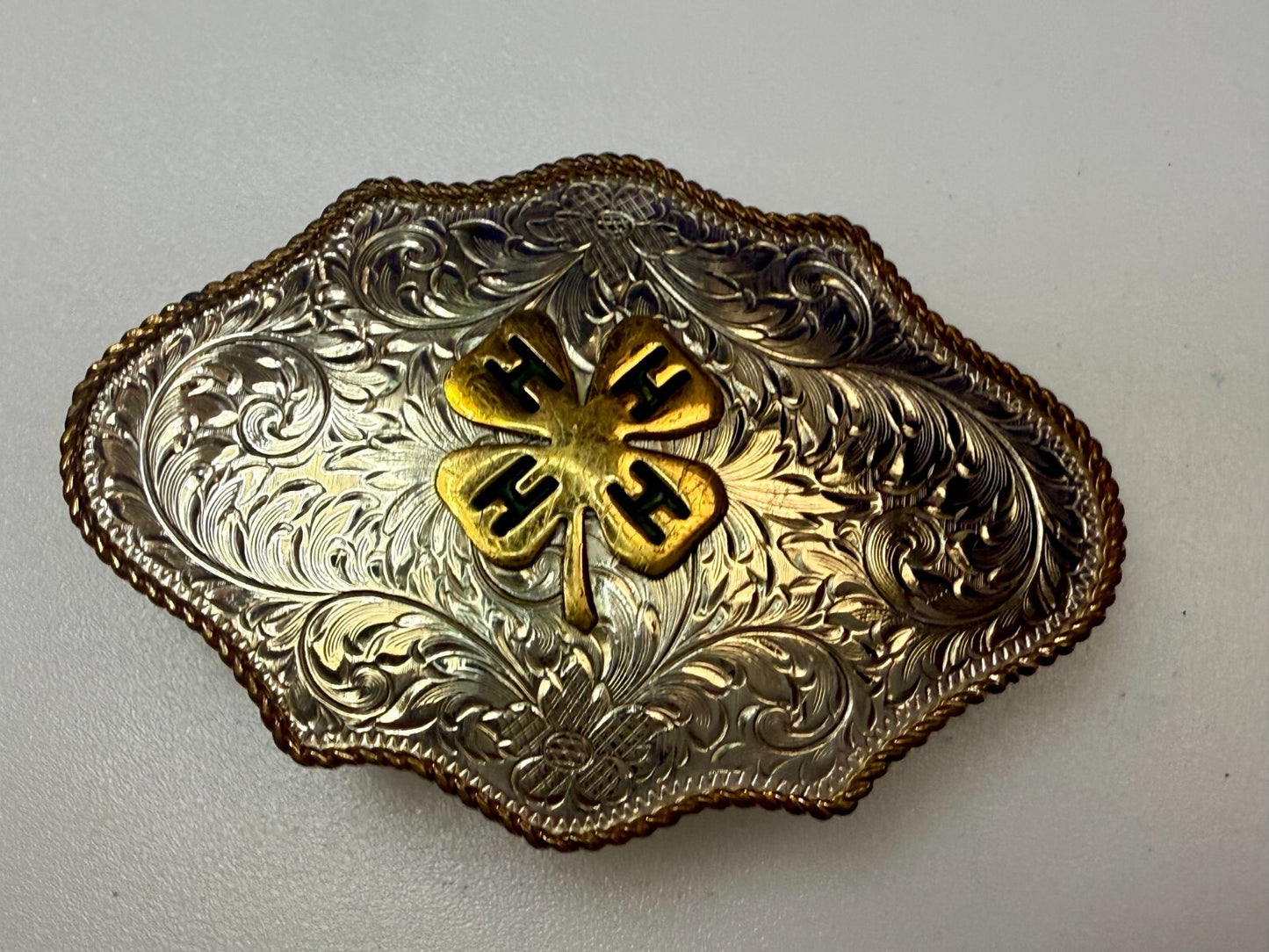 4H Leaf Swirl Ornate German Silver Montana Silversmiths Belt Buckle