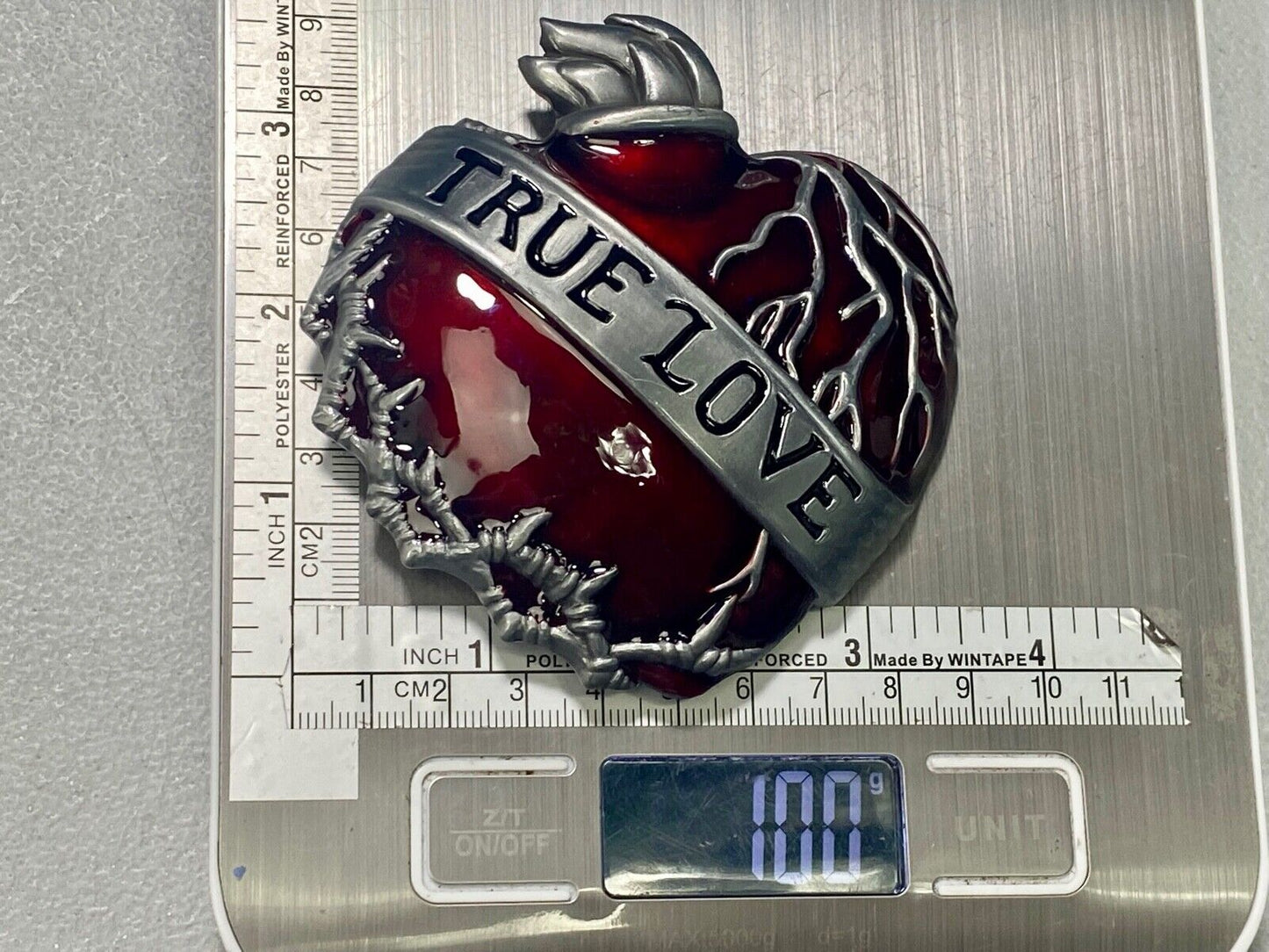 TRUE LOVE - Figural Beating Heart red & Grey barbed wire belt buckle 