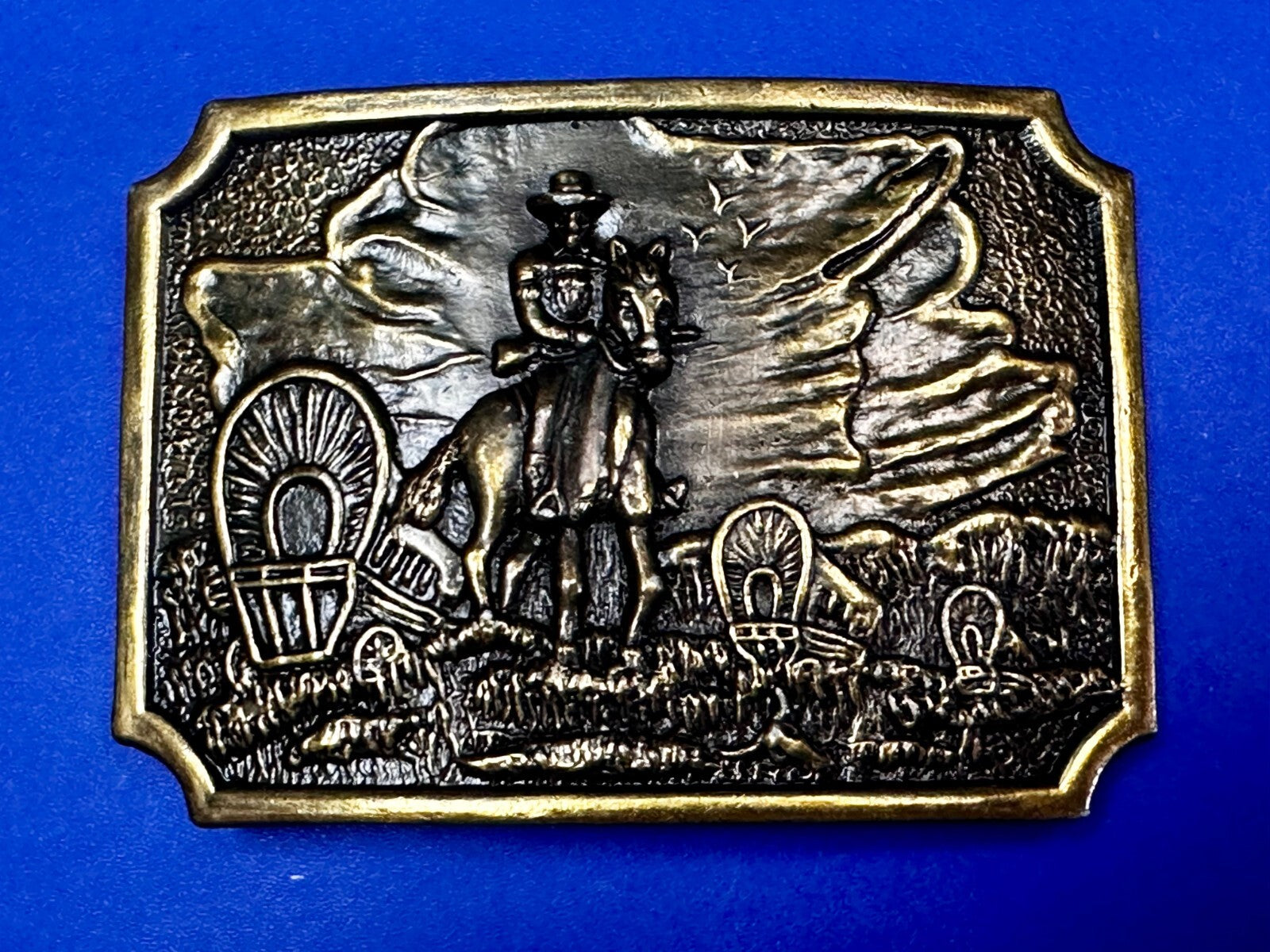 Tall In The Saddle Western Cowboy Leading Wagon Train Vintage ART Belt Buckle