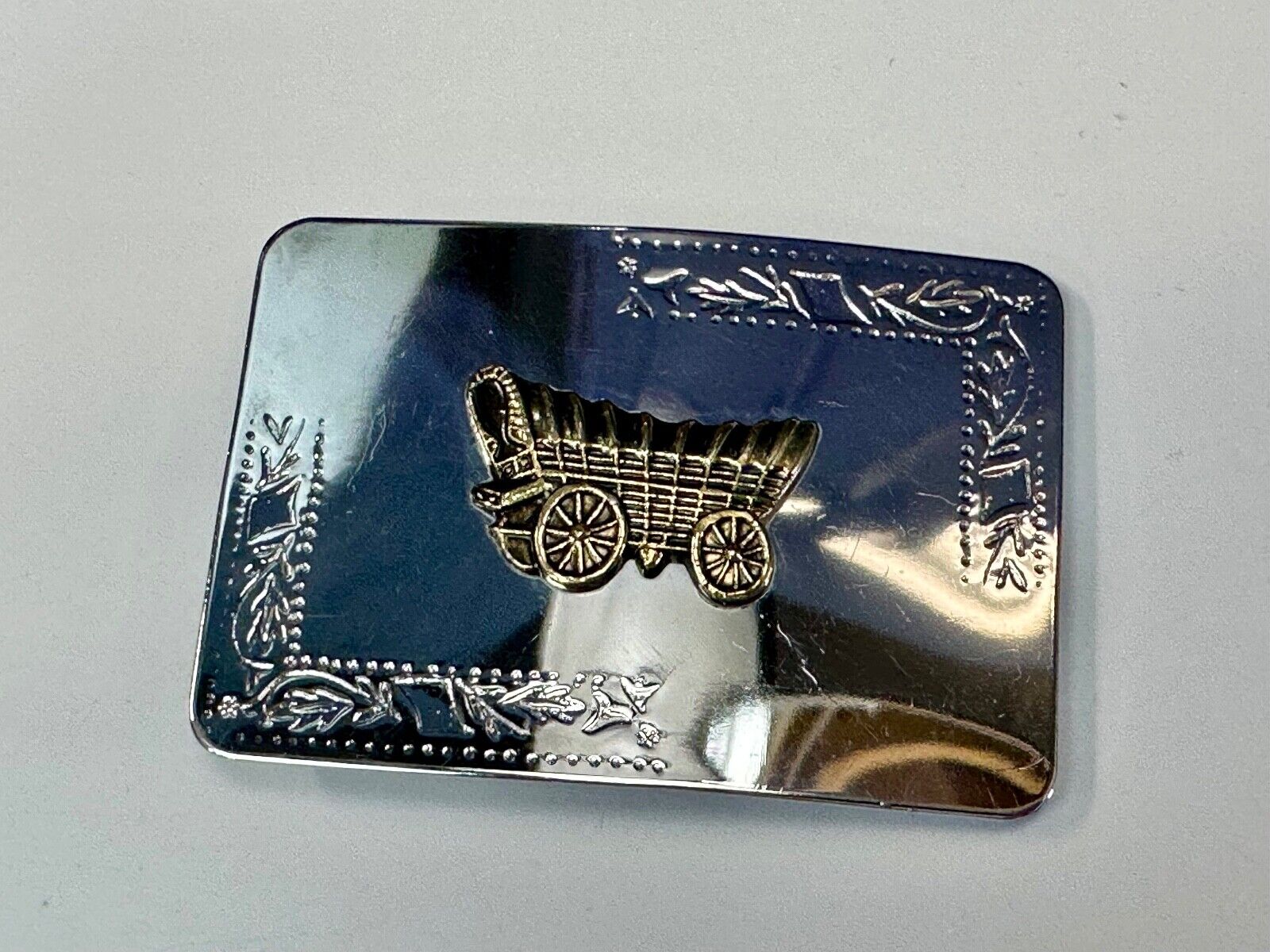Vintage Covered Wagon two tone reflective rectangular belt buckle