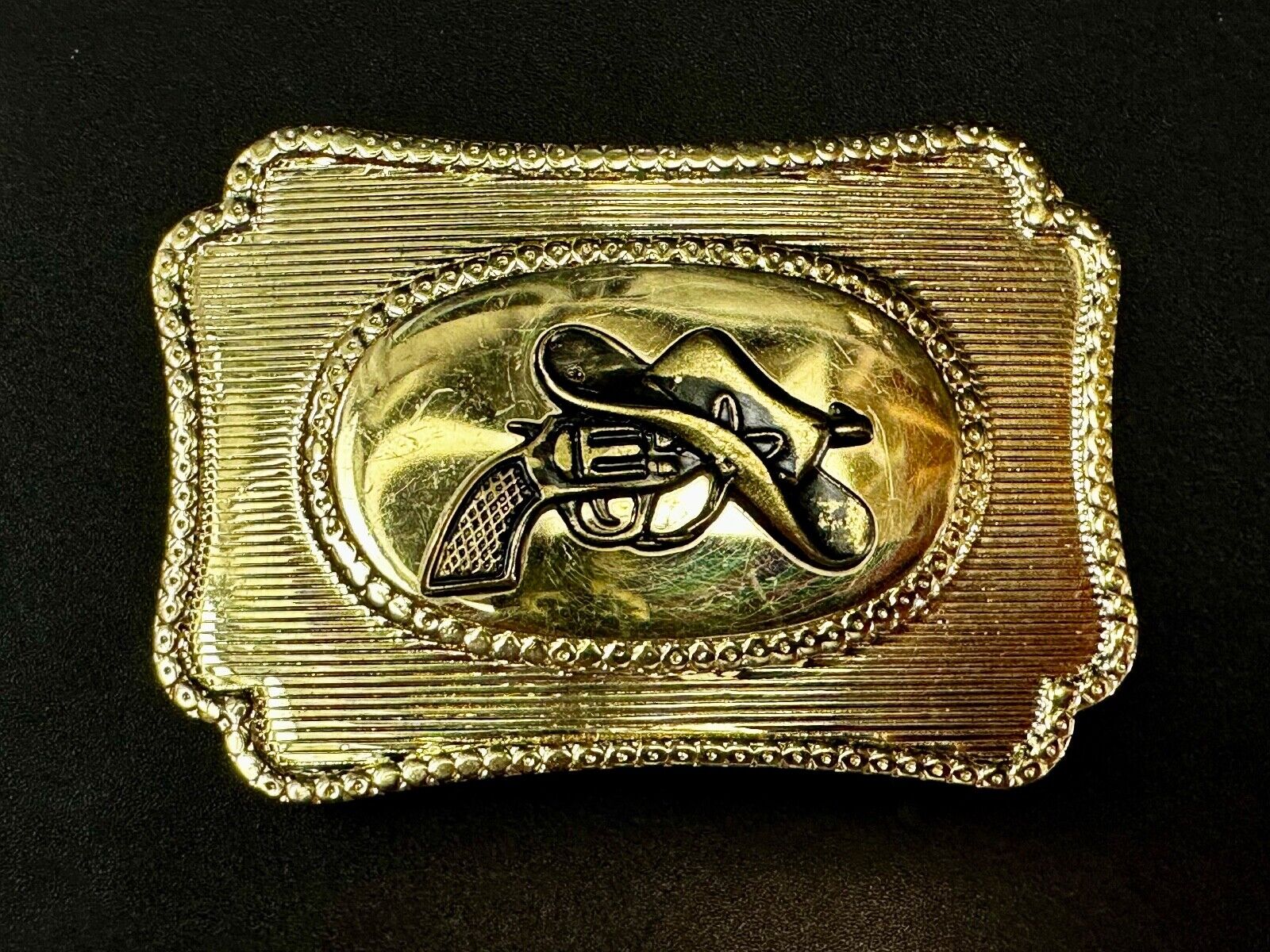 Vintage Cowboy Hat & Revolver Pistol Western Belt Buckle Cap Gun Buckle