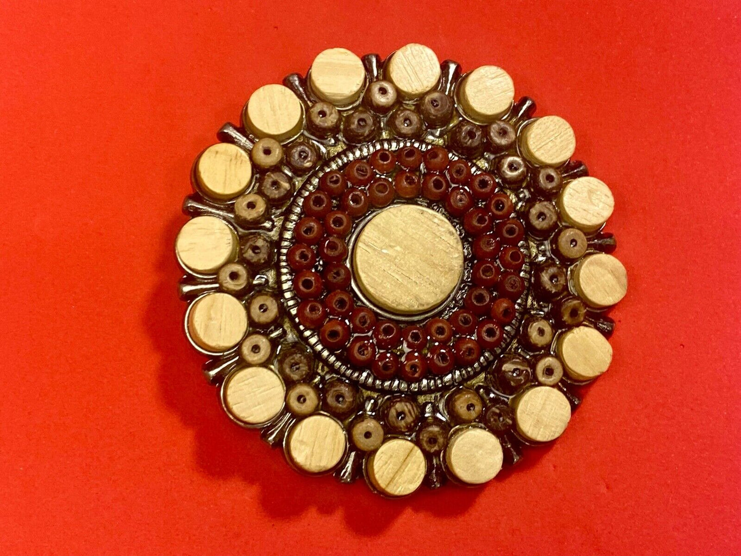 Unique Faux Wood Beads In Circular Pattern Cut Out Belt Buckle 
