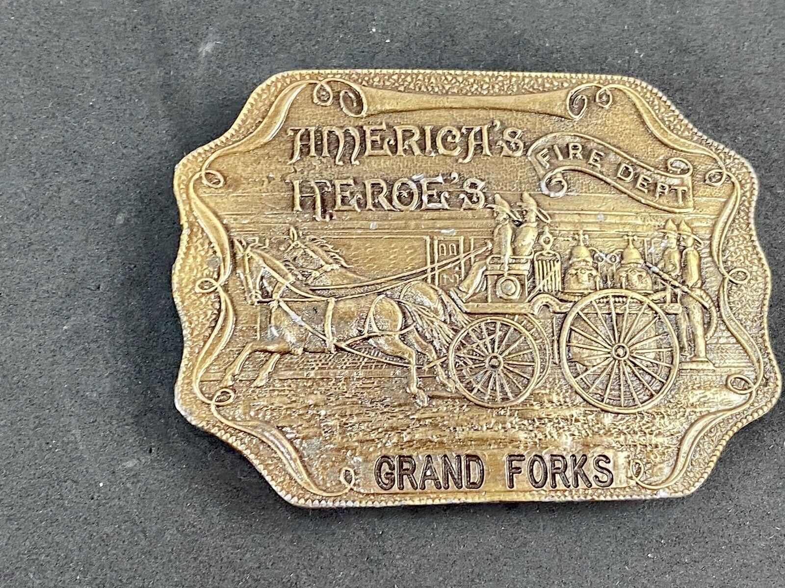 America’s Heroes FIRE DEPT Grand FORKS Fire Fighters belt buckle bottle opener