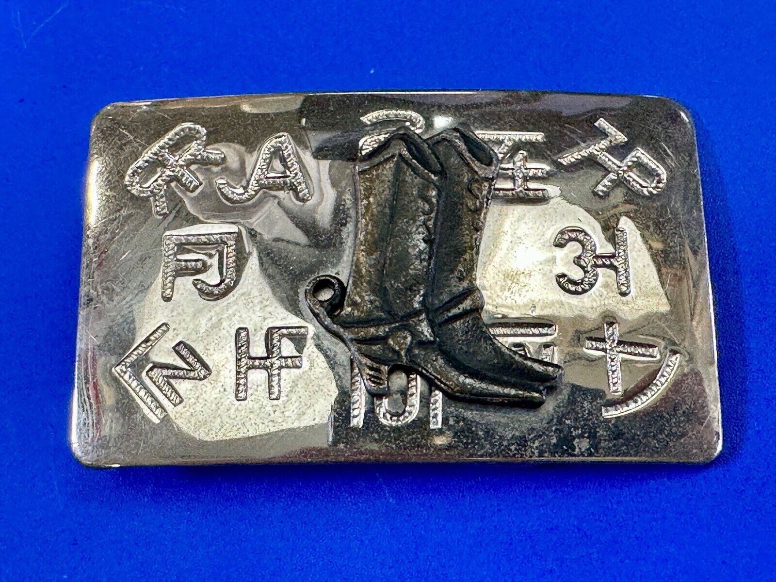 Vintage Chambers Western Cowboy Boots and cattle branding symbols belt buckle