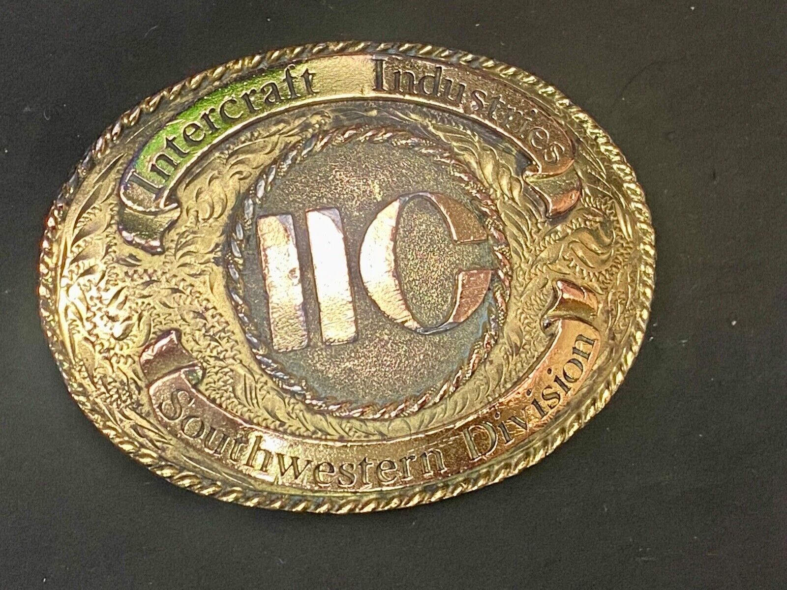 1982  Ornate Intercraft Industries Texas Iic Company Advertising Belt Buckle