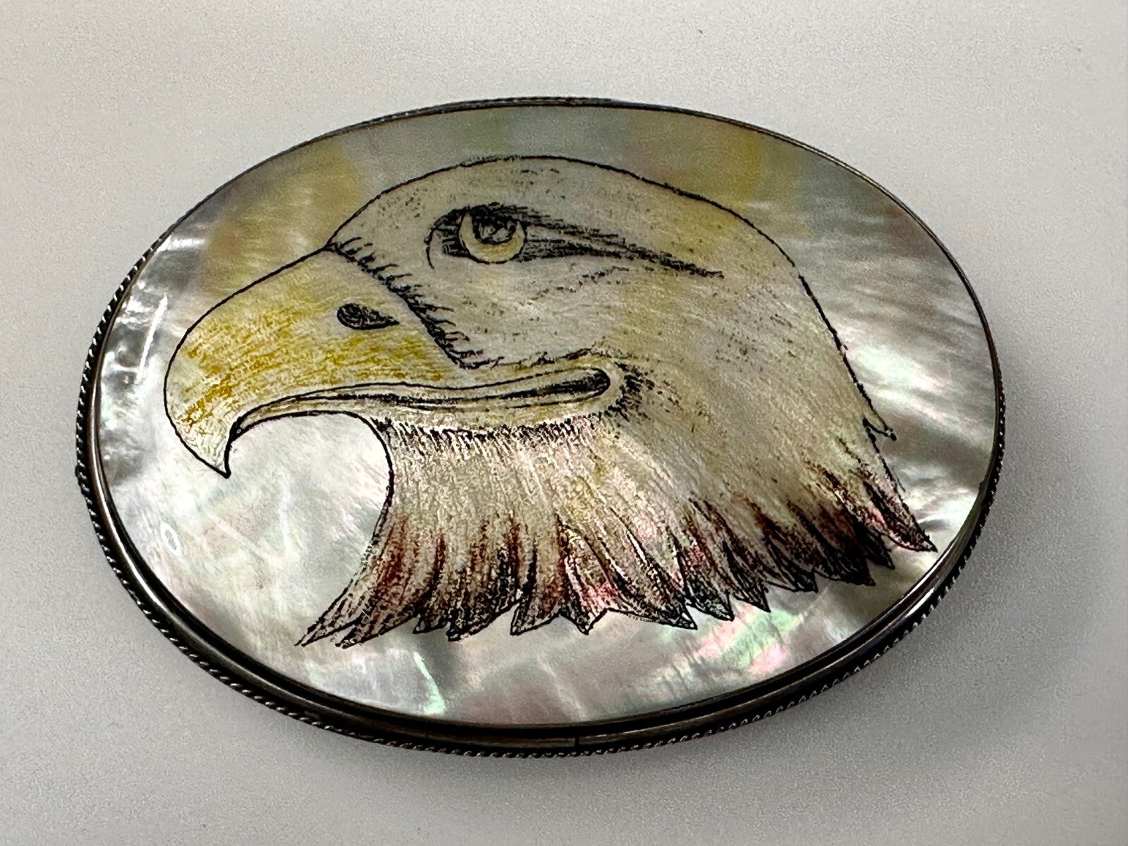 American Bald Eagle Handmade On Mother Of Pearl Shell Belt Buckle - Hallmarked M