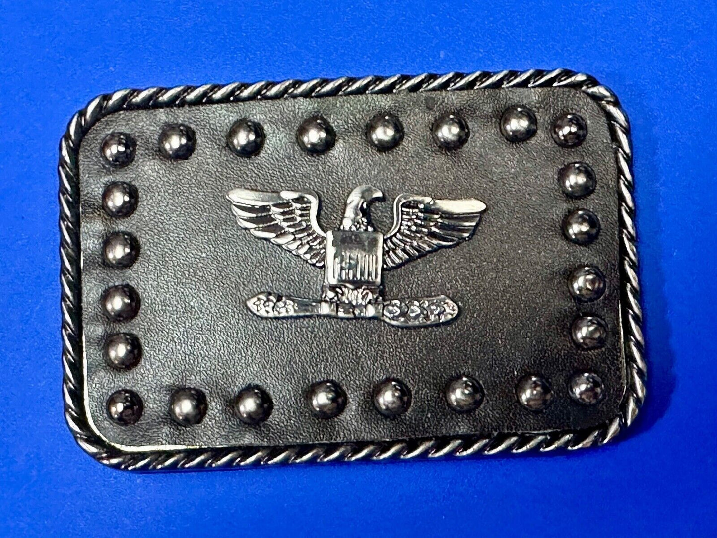 American Eagle - biker style studded black leather background belt buckle