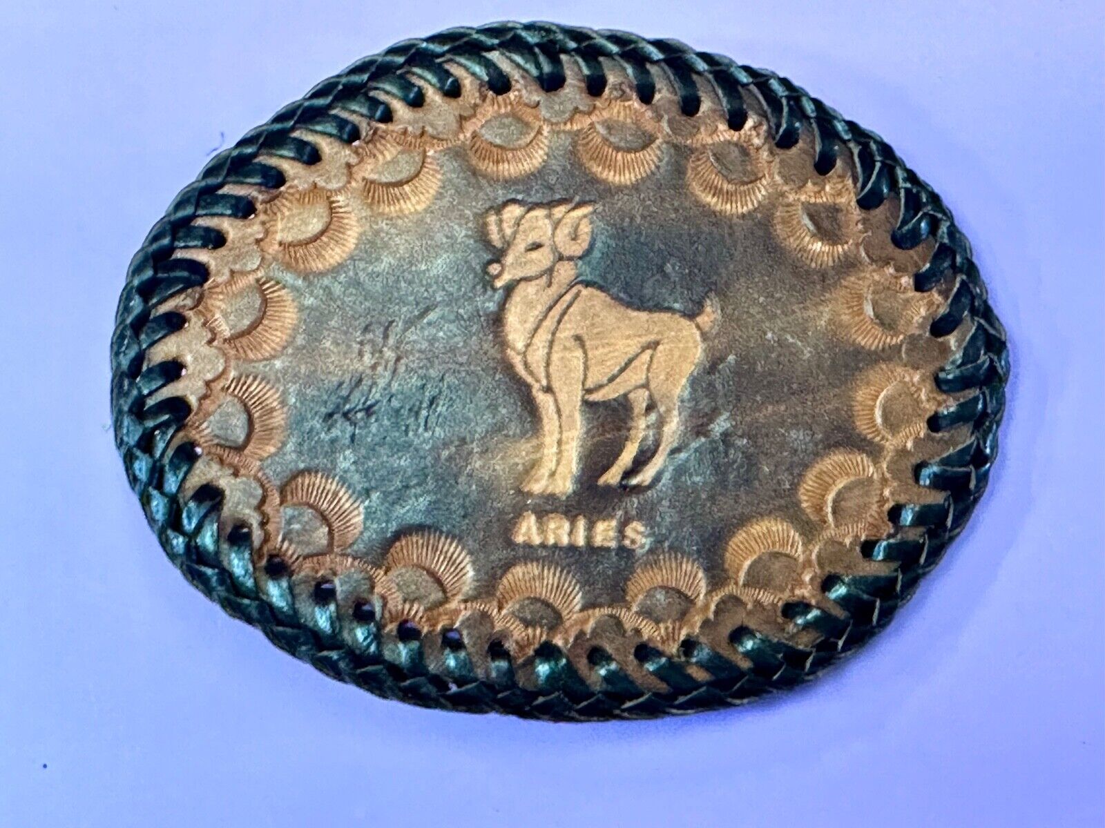 Aries Leather Oval Astrology Belt Buckle Vintage Hand Stitched Tooled Ram Horns