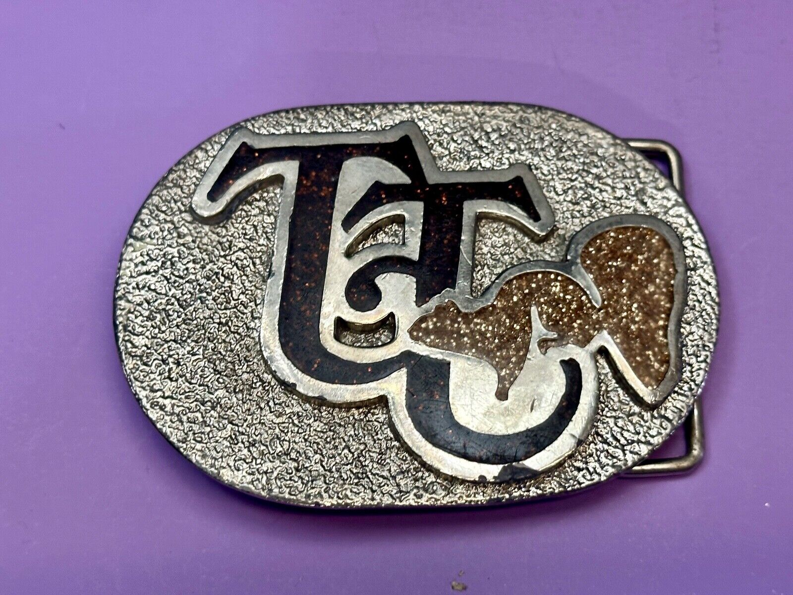 TT Ranch western inlaid enamel symbol emblem Vintage rodeo Cowboys Belt Buckle