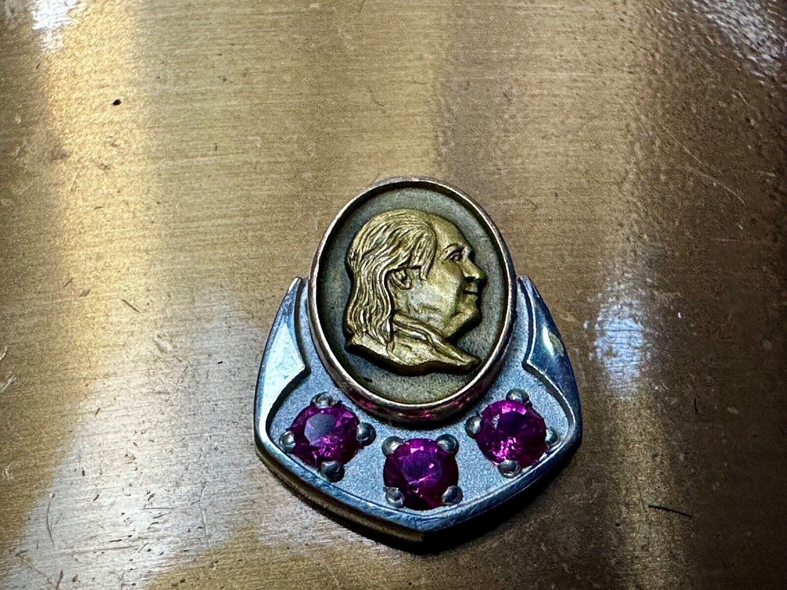 Vintage 10K Gold Benjamin Ben Franklin Centerpiece Belt Buckle with 3 ruby's