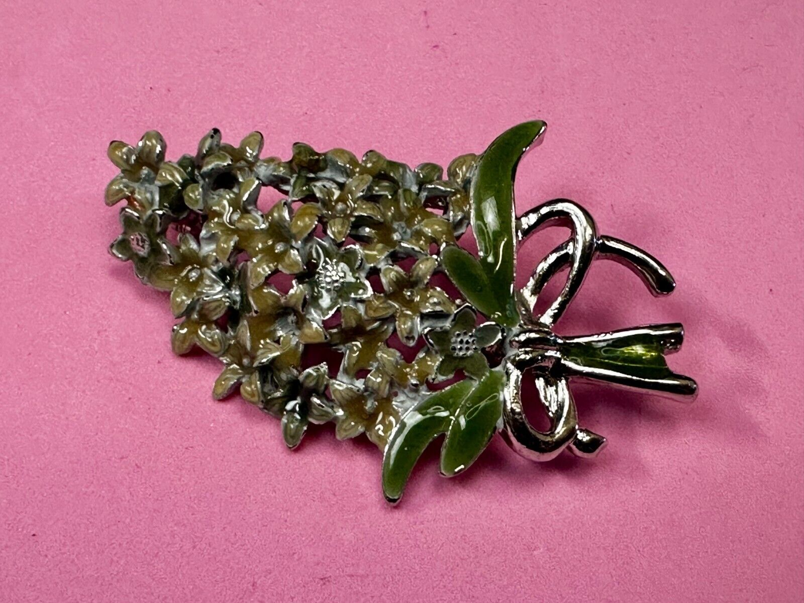 Vintage Enameled Flower Bouquet Silver Tone Vintage Brooch Pin