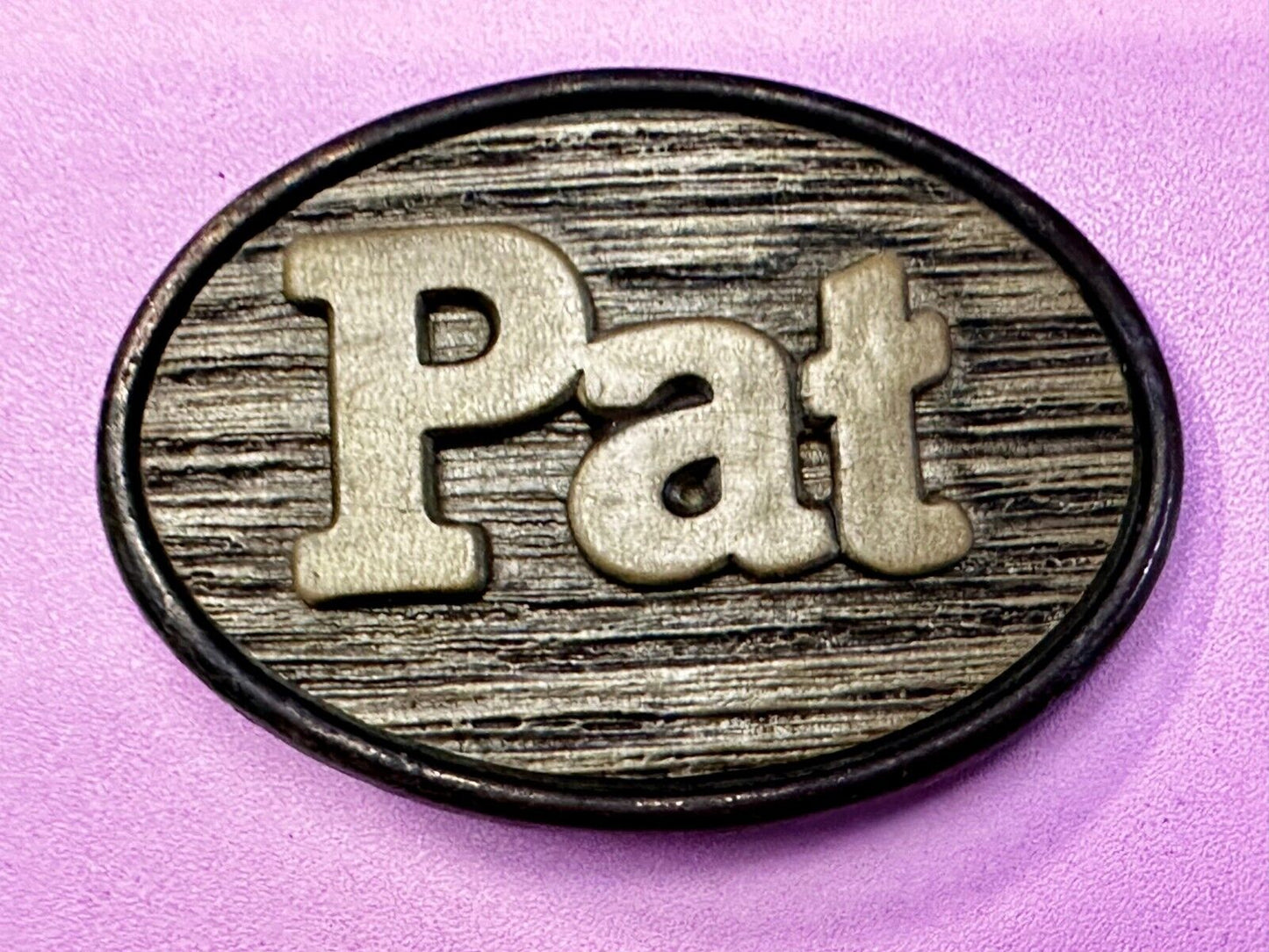 1970s  PAT Name - Custom Wood Grain Metal Oden USA Personalized Belt Buckle