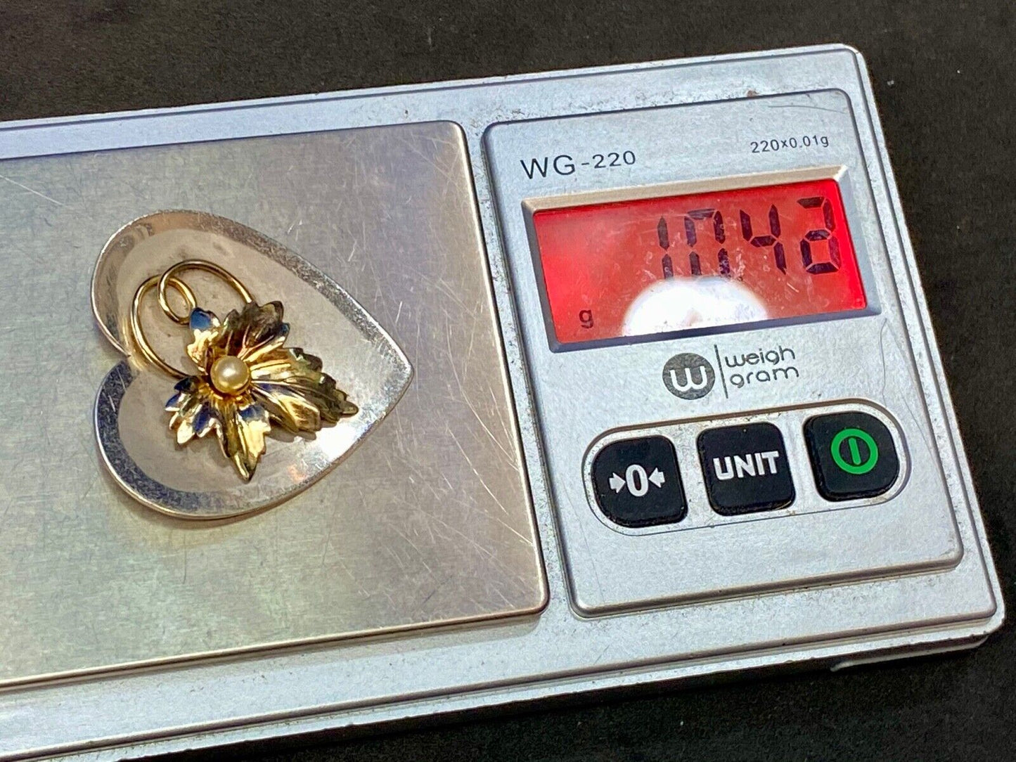 Vintage Heart Shaped Sterling Silver 925 Brooch Pin with Leaf and Pearl 12K GP