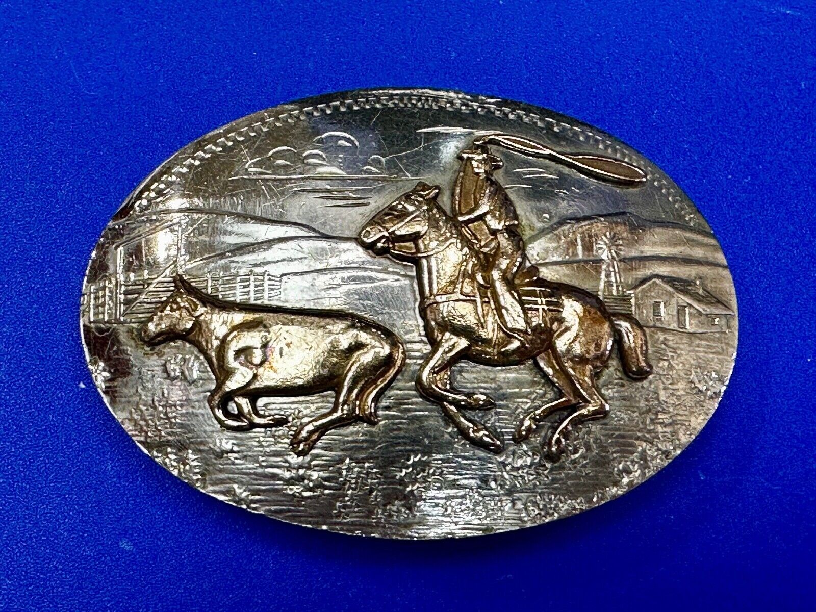 Two Horse Riding Cowboy's German Silver Belt Buckle by Comstock Silversmiths