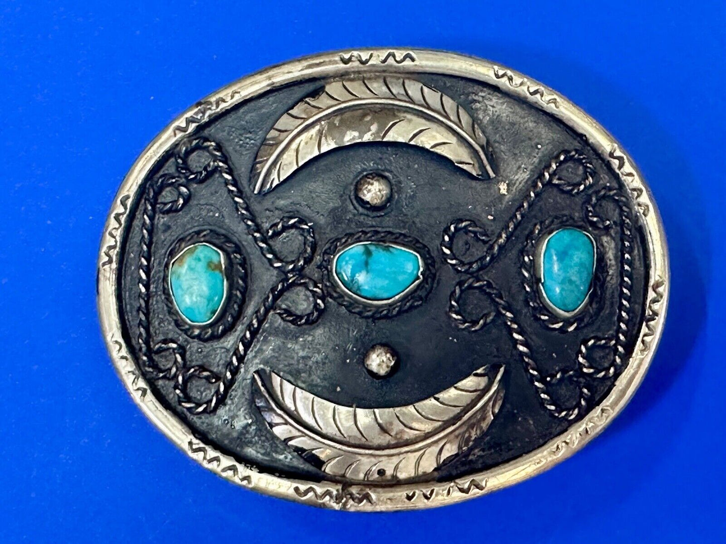 Turquoise stones raised feathers vintage belt buckle marked Sterling 0925 Mexico