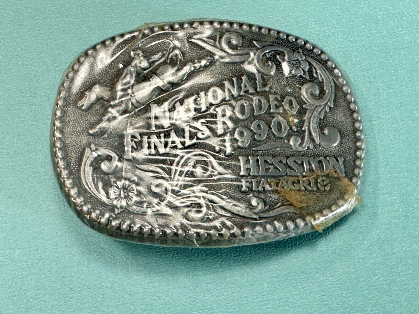 1990 Youth Size Hesston National Finals Rodeo Bull Riding Cowboys belt buckle