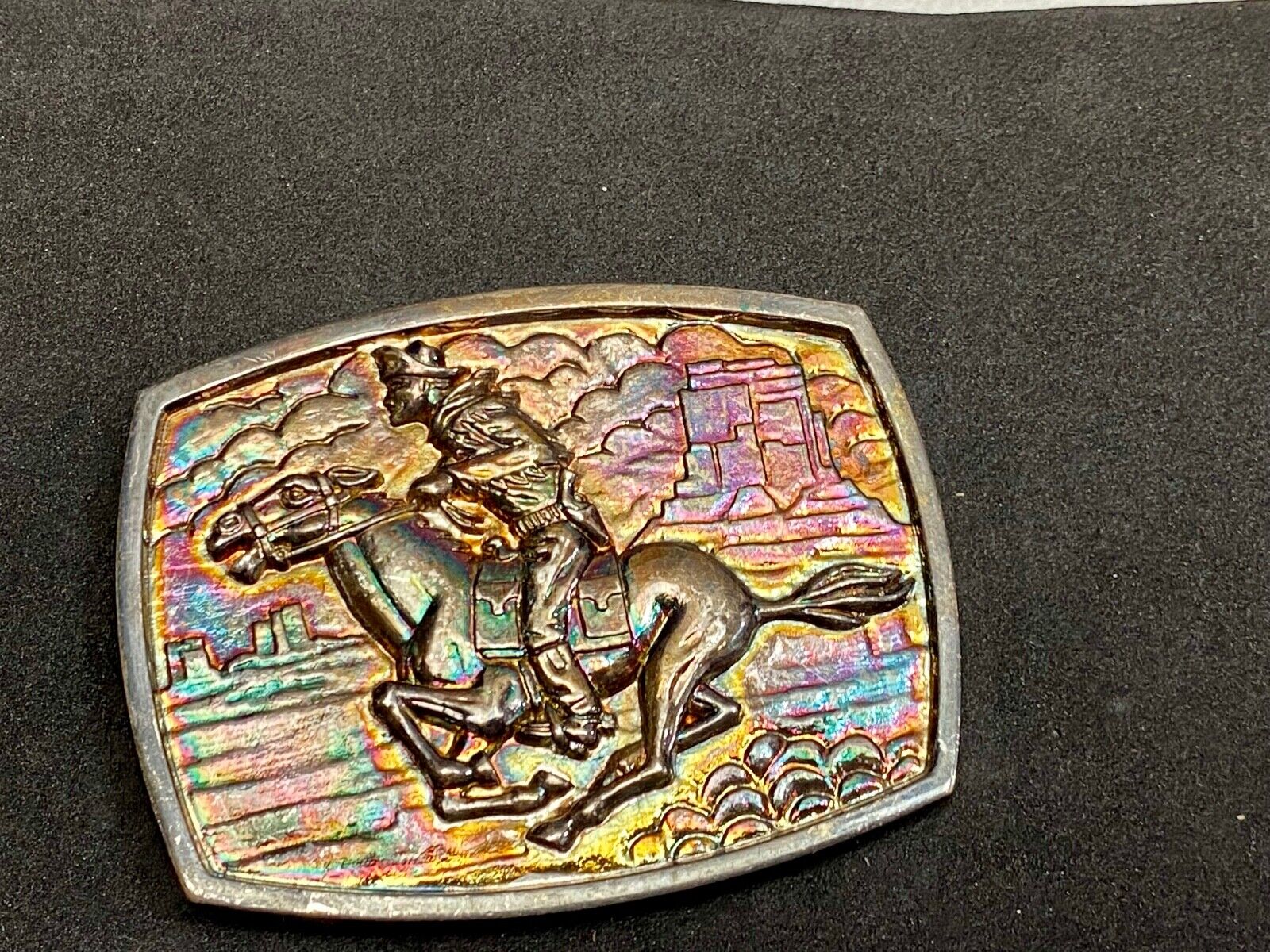 Vintage Horse Back Rider Racing Through Town Western Belt Buckle 