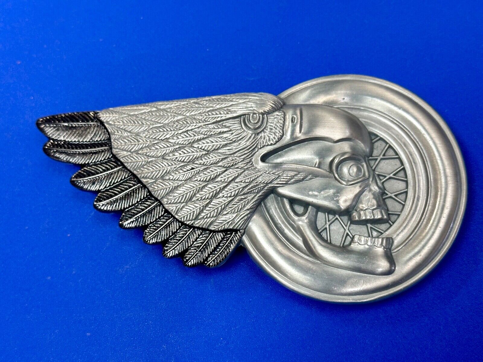 Bikers Skull with Eagle Wing and Motorcycle Wheel figural belt buckle