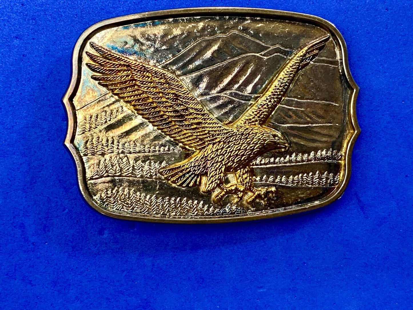Vintage Gold & Silver Tone Flying American Eagle Mountains numbered Belt Buckle
