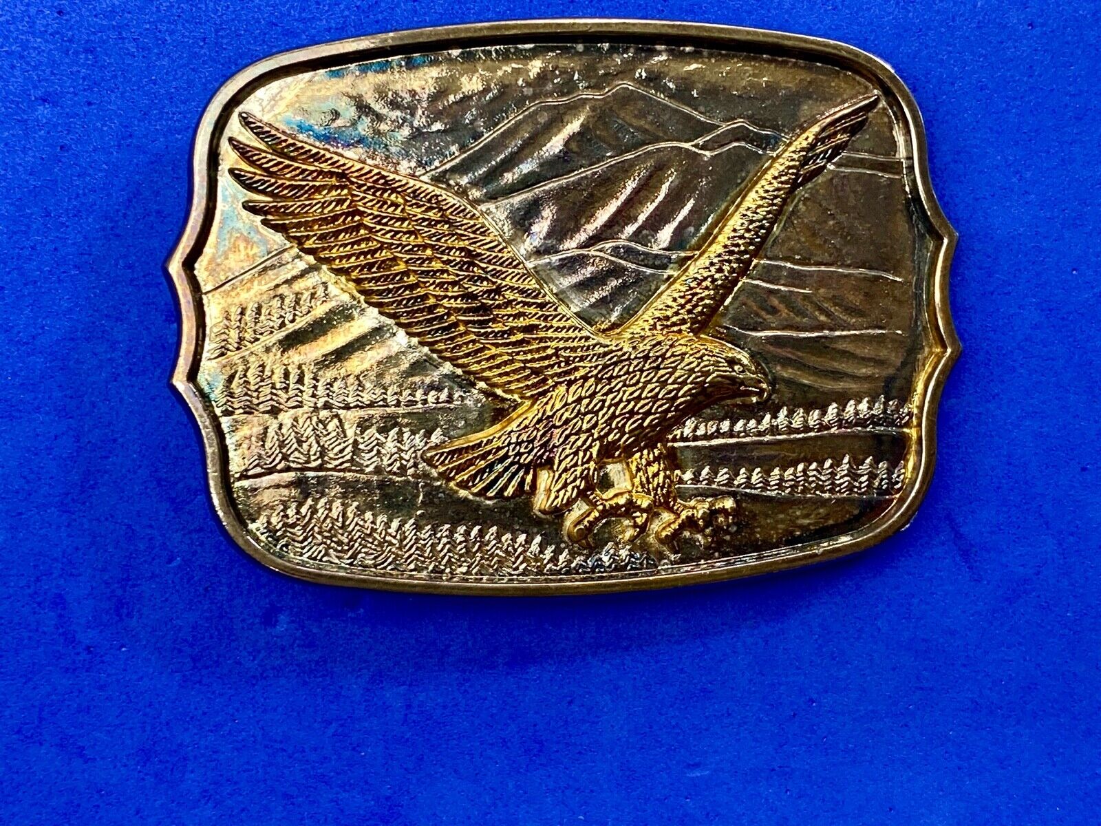 Vintage Gold & Silver Tone Flying American Eagle Mountains numbered Belt Buckle