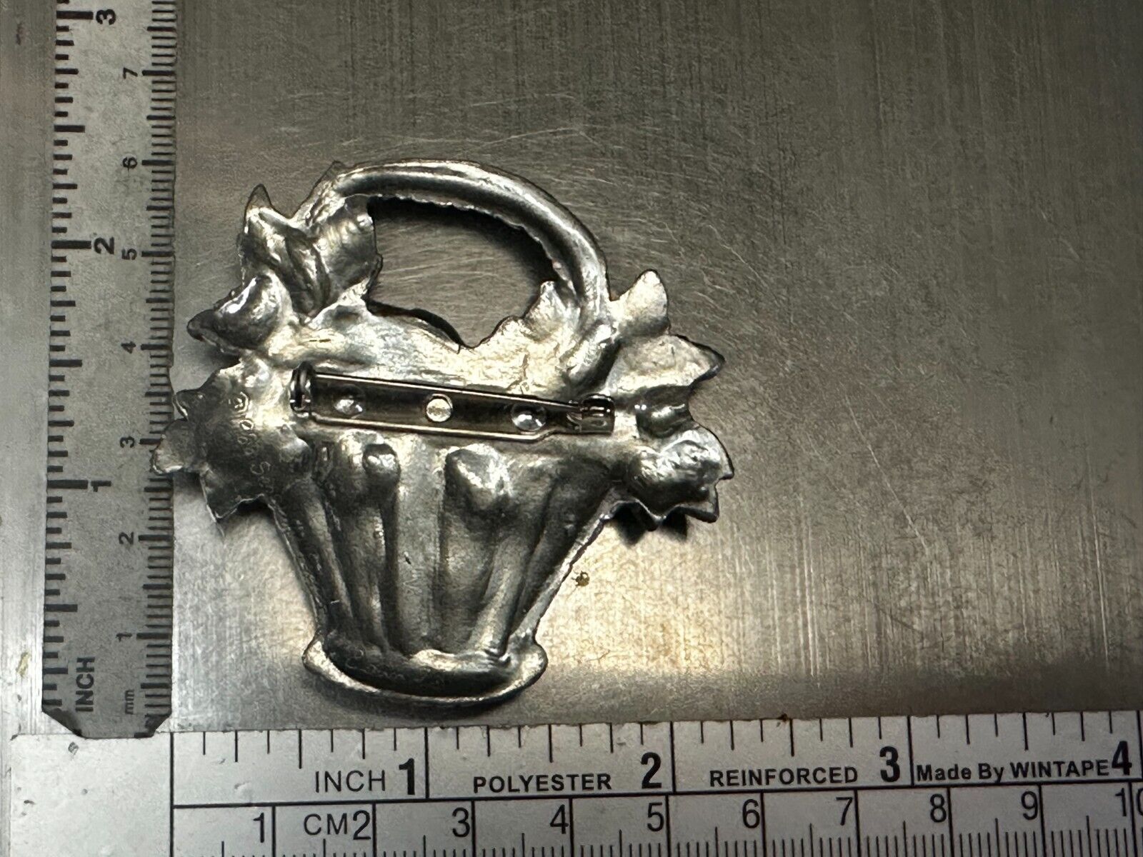 Vintage 1980's Flower Basket Floral Pewter Brooch Pin Signed Seagull Canada