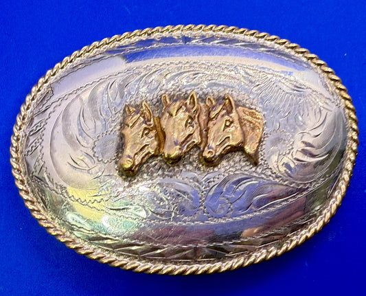 3 Horse Heads - Blank Ribbons Tex Tan Sterling Front Hand Engraved Belt Buckle