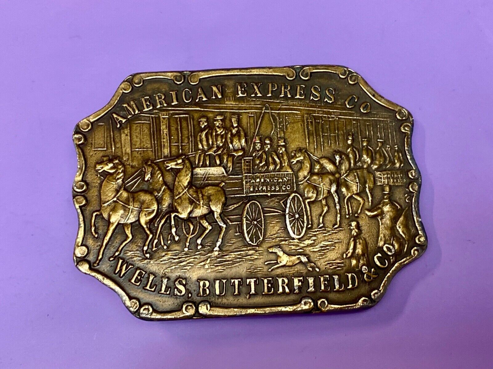 American Express Wells Butterfield Bergamot Brass Belt Buckle Horse and Buggy