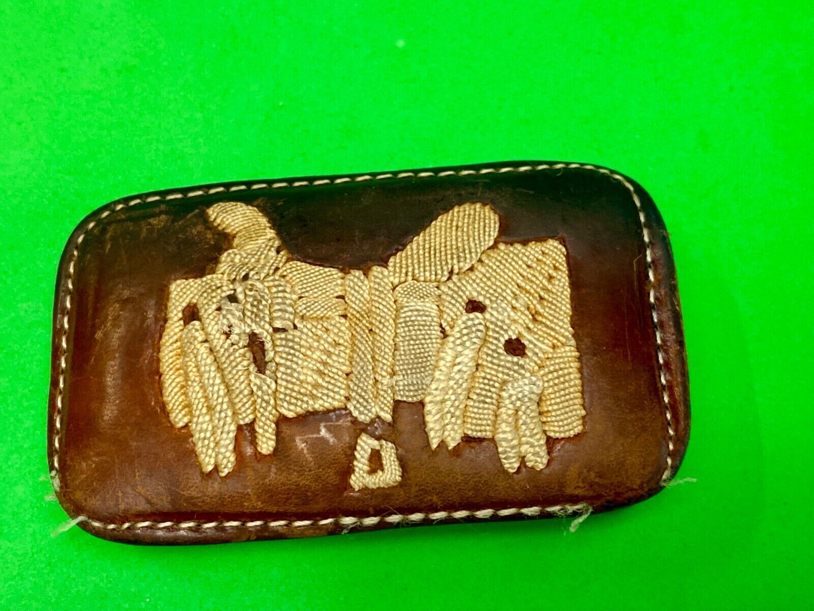 Vintage leather stitched horse saddler belt buckle signed Tres Ranchitas