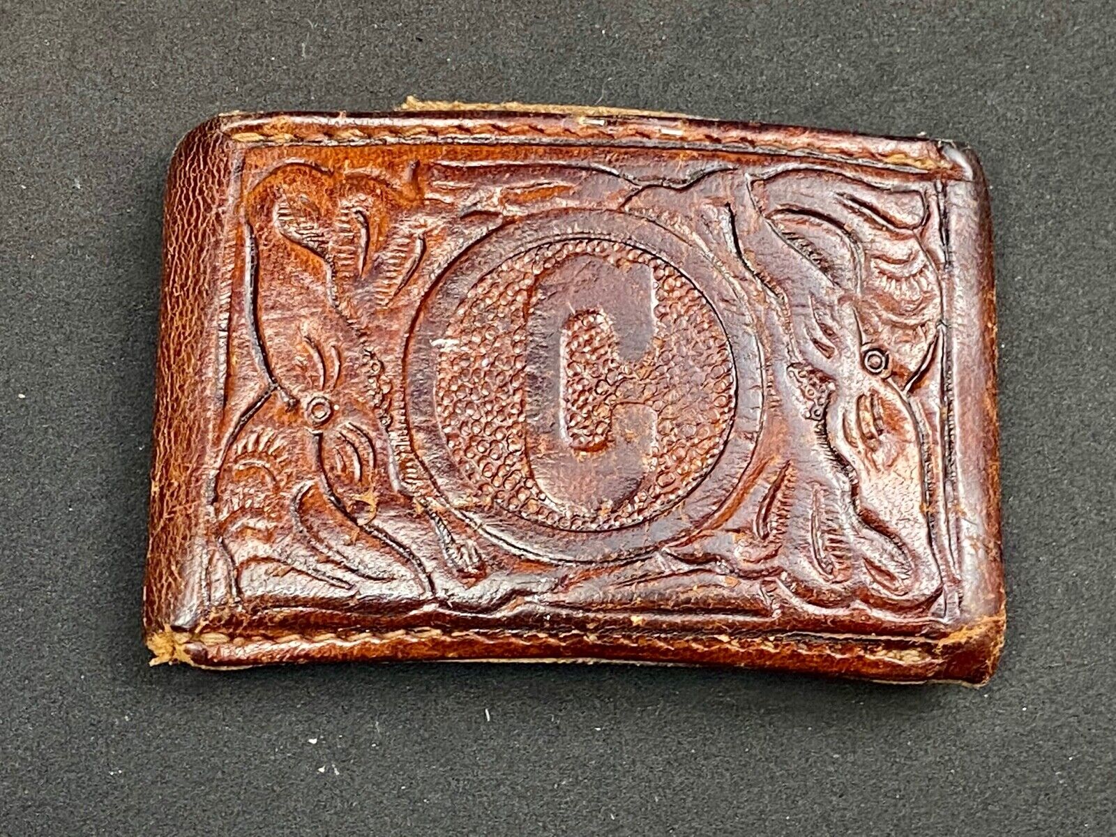 Vintage Leather stitched initial letter monogram C belt buckle 