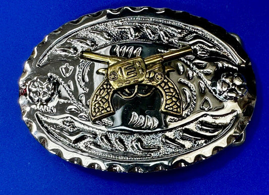 Two Crossed Gun's  Pistols Revolver Six Shooter's Two Tone Western Belt Buckle