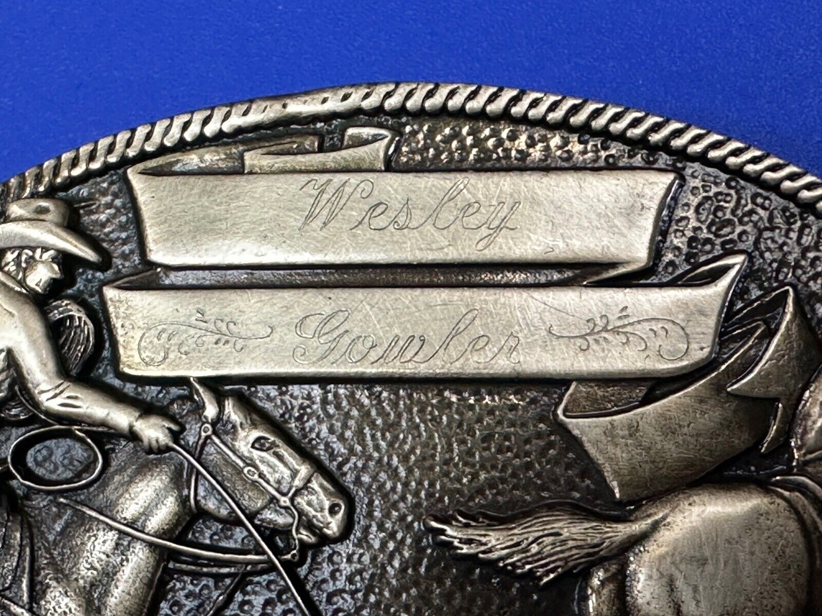 The Cattle Drive Western Rodeo Cowboys engraved award ribbon scroll belt buckle