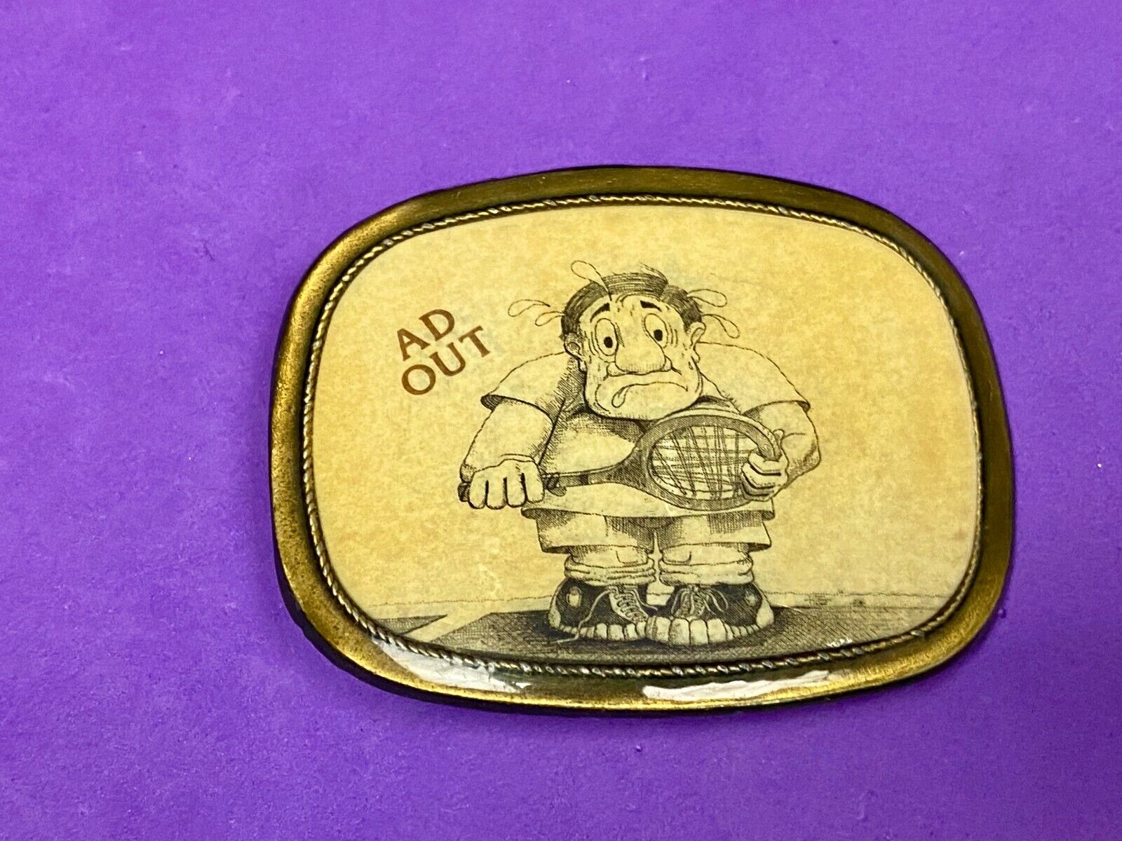 Tennis Game Novelty 70'S  Cartoon Figure   "Ad Out"  Rounded Corner Belt Buckle