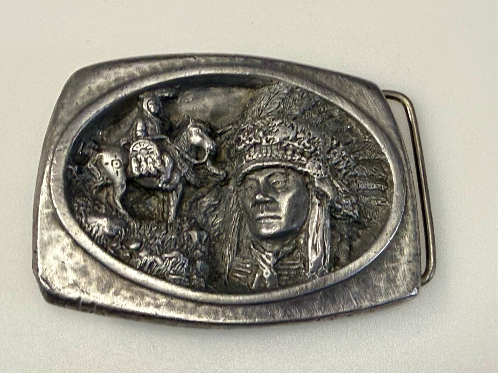 American Indian Chief Head with Headdress Silver Tone VTG 1988 C+J Belt Buckle